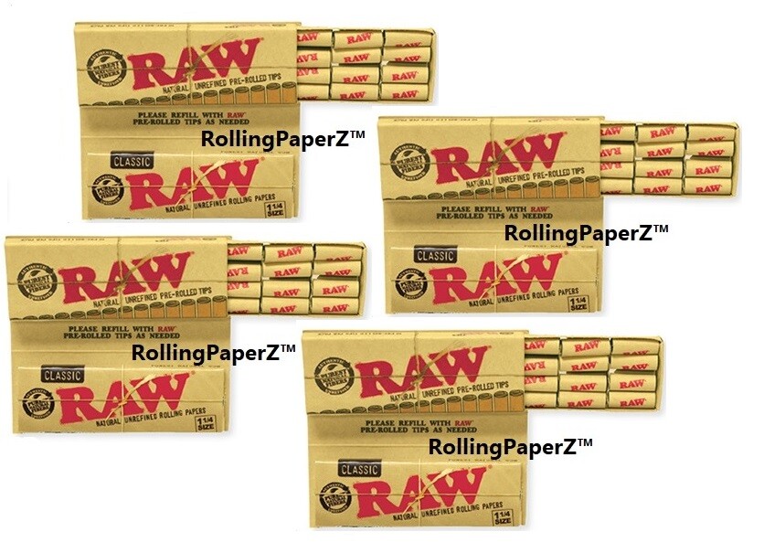 FOUR PACKS of RAW 1 1/4 size Masterpiece Rolling Papers with PREROLLED TIPS!