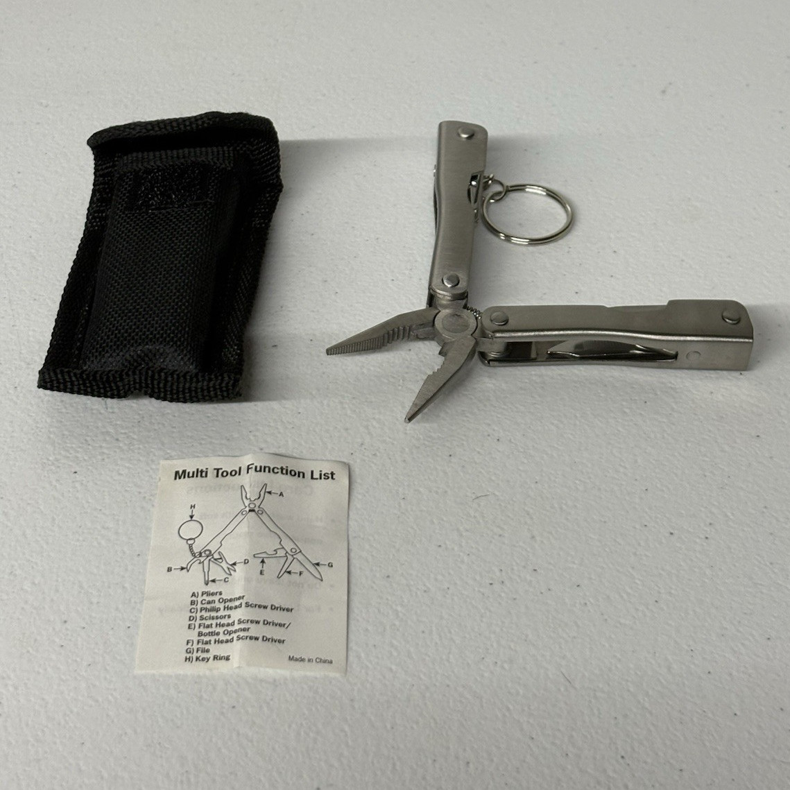 Folding Keychain Multi-Tool Pliers w/ Pouch & Function List, Metal, 3 in