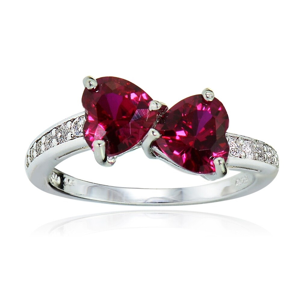 Sterling Silver Created Ruby and White Topaz Hearts Friendship Ring, Size 7