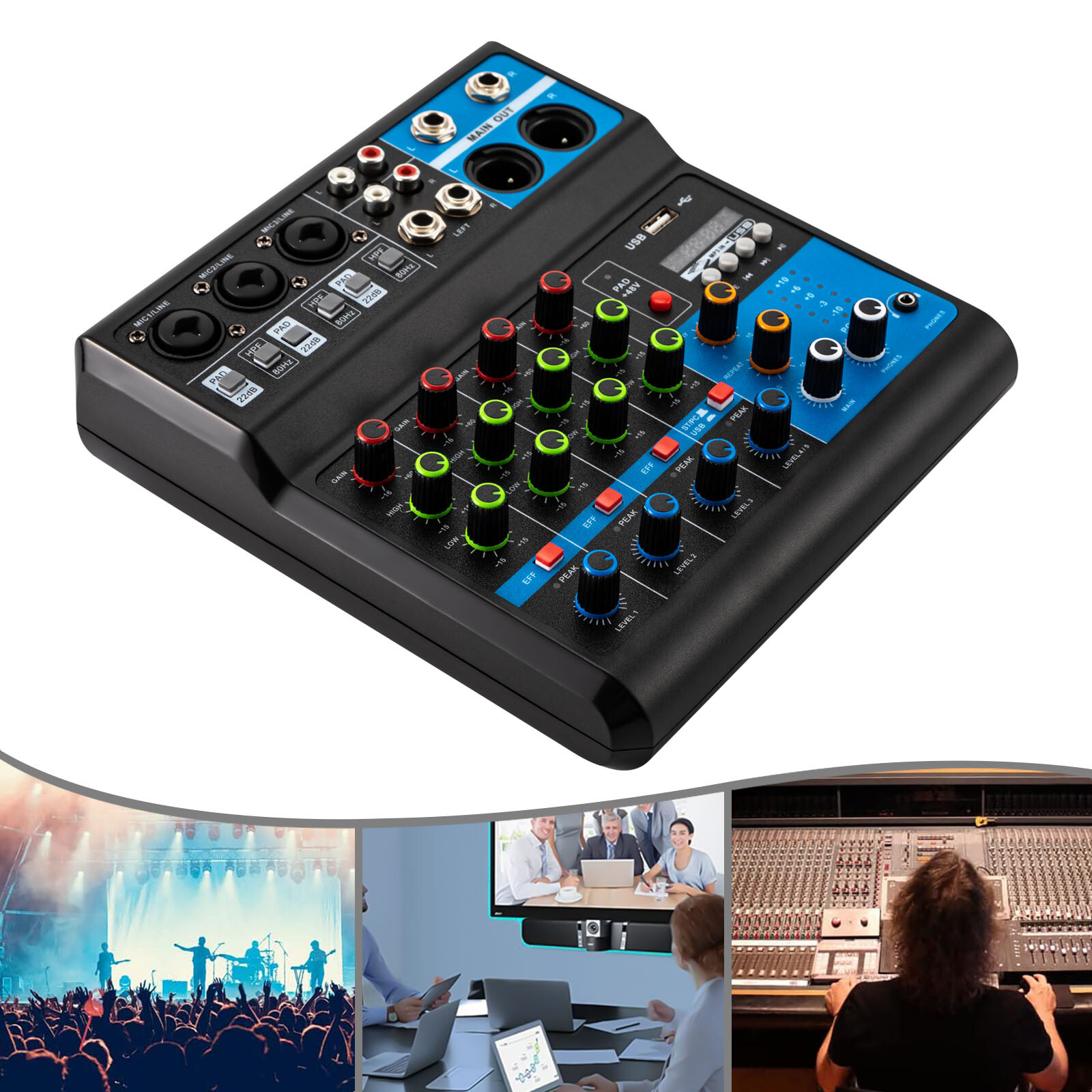 5-Channel Mixing Console Live Studio Audio Mixer Sound Board DJ USB Interface