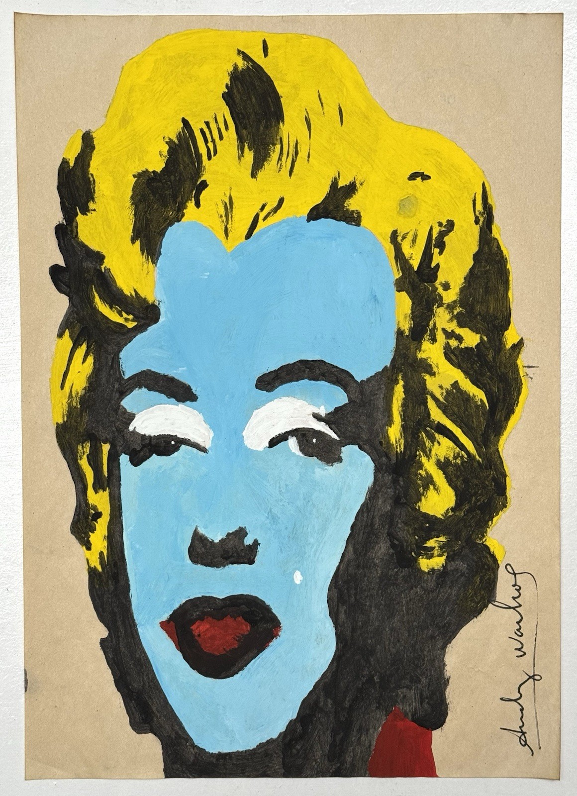 Andy Warhol (Handmade) Drawing On old Paper Signed & Stamped, Vtg Art