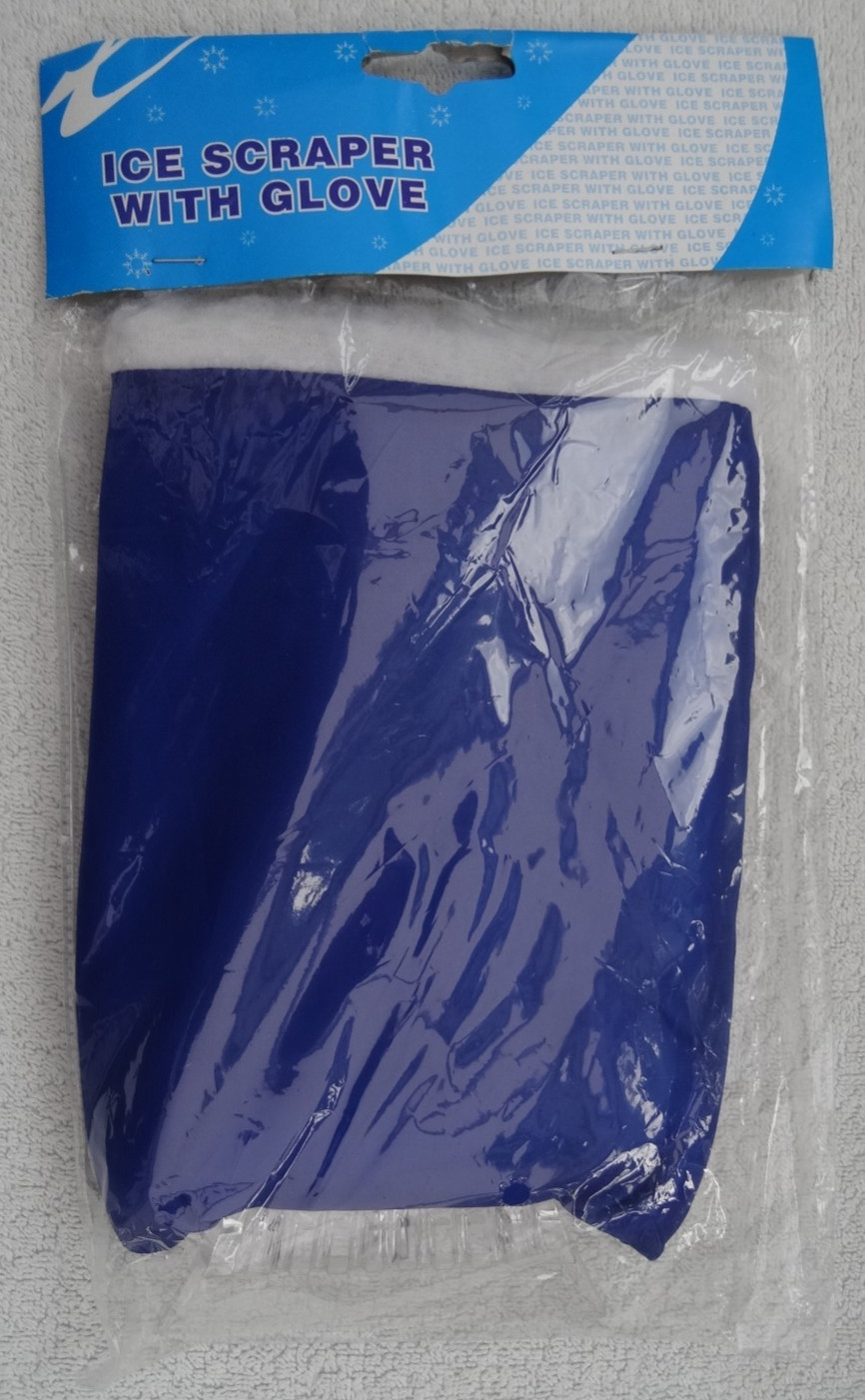 CAR WINDSCREEN ICE SCRAPER WITH GLOVE. Blue. Fleece lining. New. Sealed.