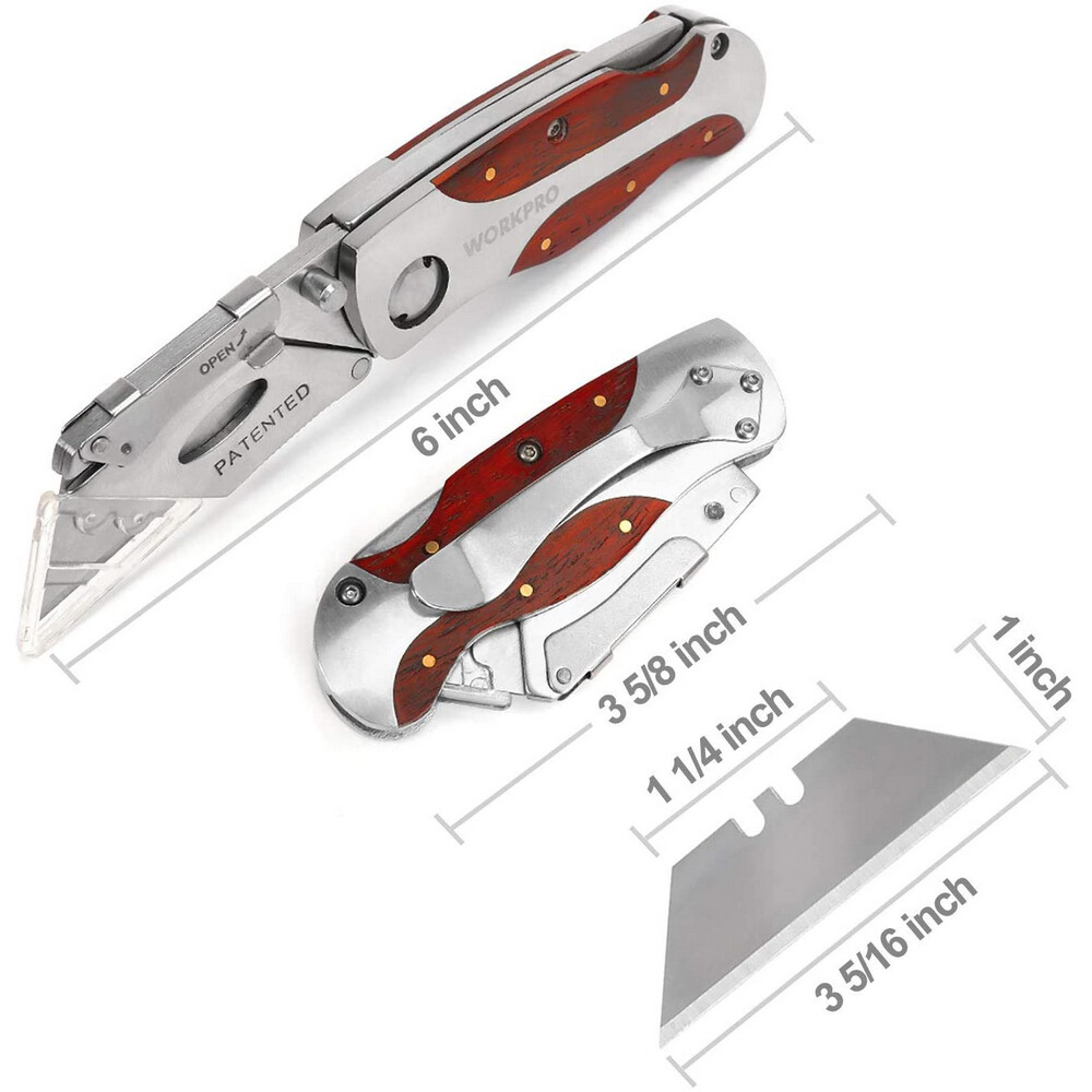 WORKPRO Folding Utility Knife Quick Change Blade Wood Grain Handle and Back Lock