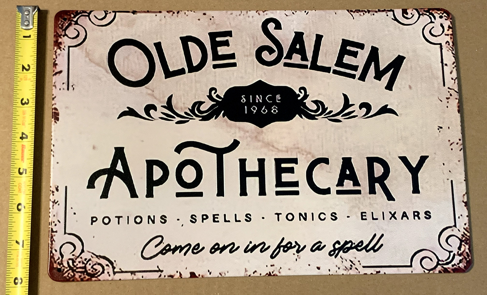 VINTAGE RETRO OLDE SALEM APOTHECARY COME ON IN FOR A SPELL "1968" TIN SIGN