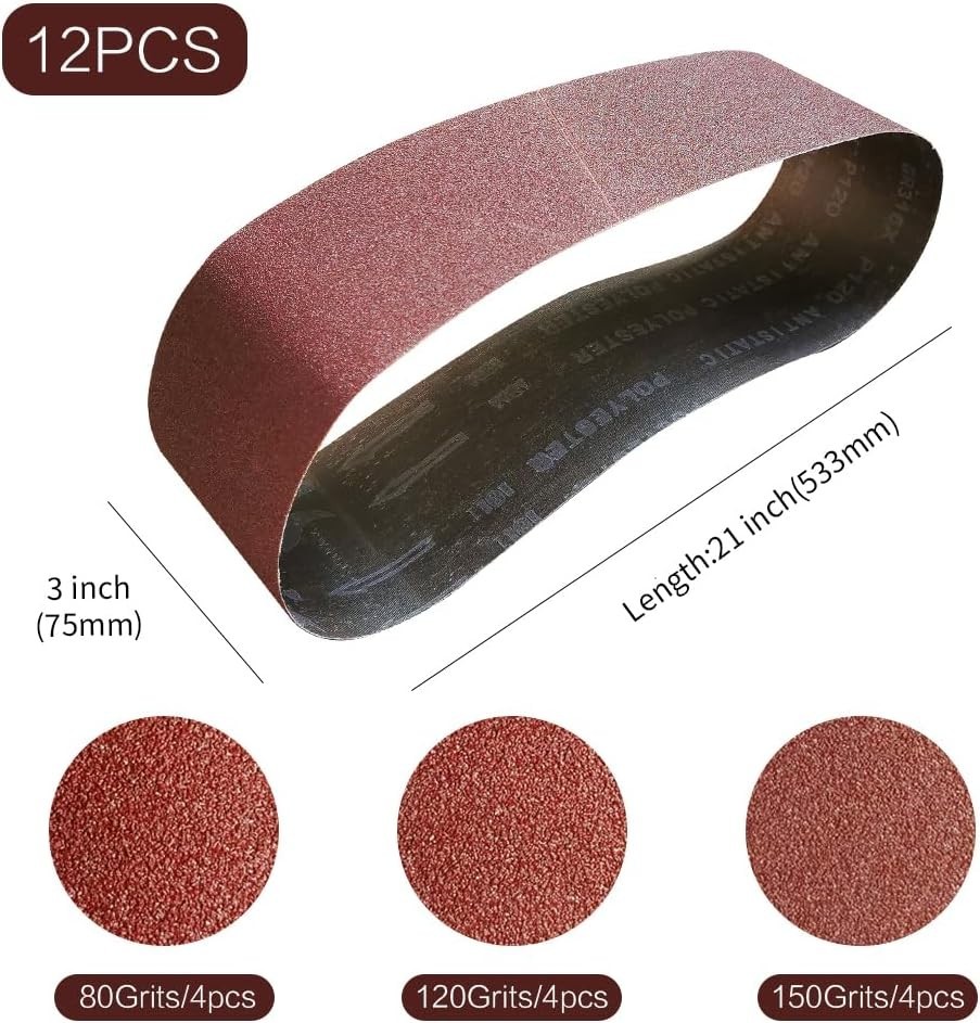 Professional 3x21 Sanding Belts: 12-Piece Aluminum Oxide Pack for Versatile Use