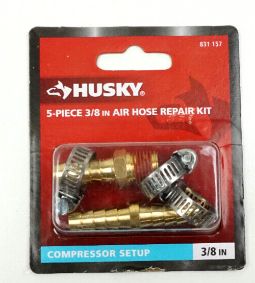Husky 5-Piece 3/8" Air Hose Repair Kit Brass Barbs Steel Clamps 831 157