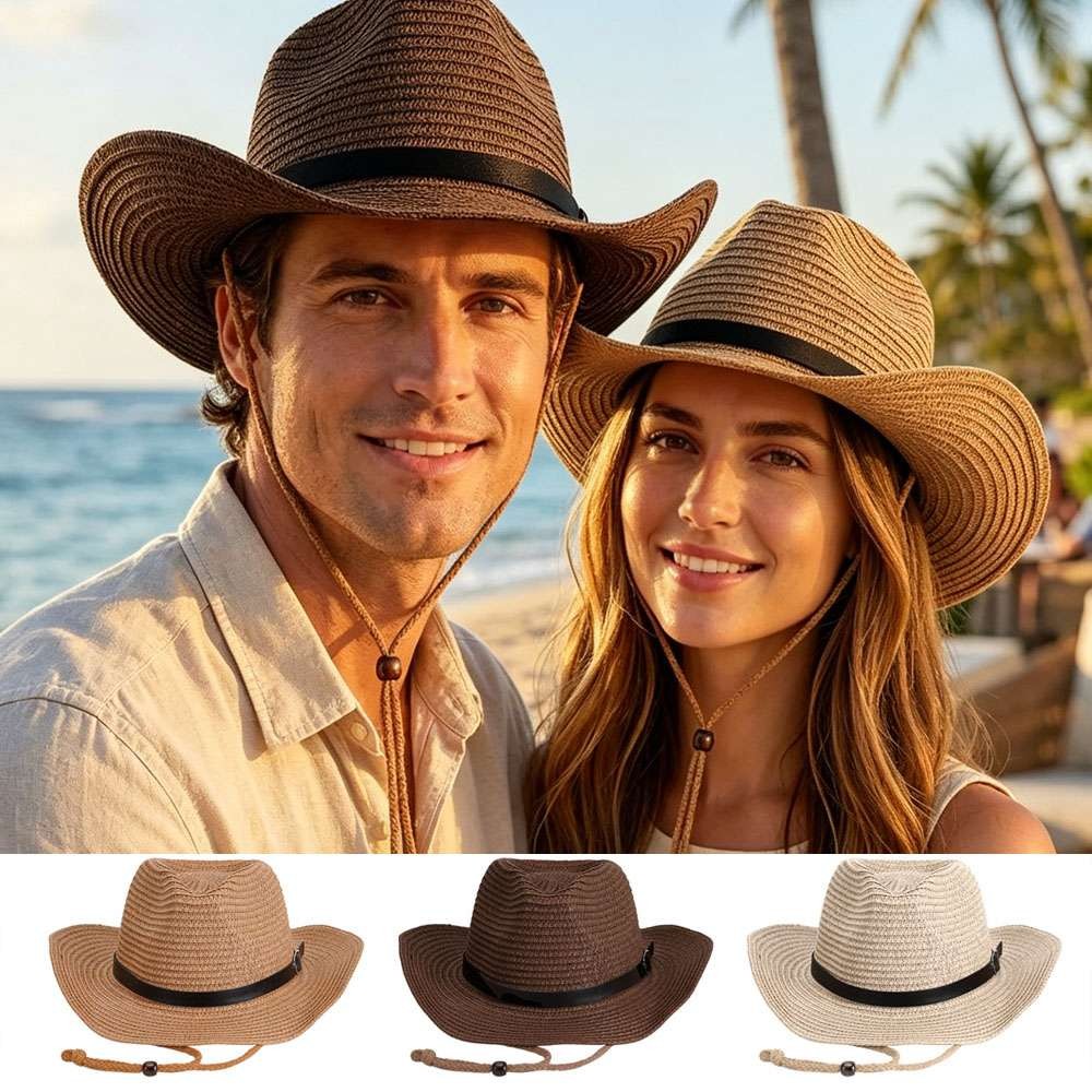 Men Women Summer Straw Cowboy Hat Summer Beach Wide Brim Sun Hat W/Wind Lanyard
