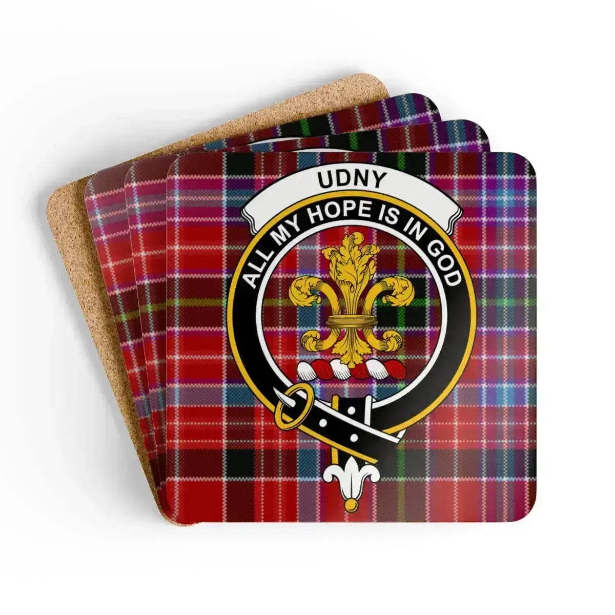 Udny Clan Crest Scottish Tartan Coaster Set