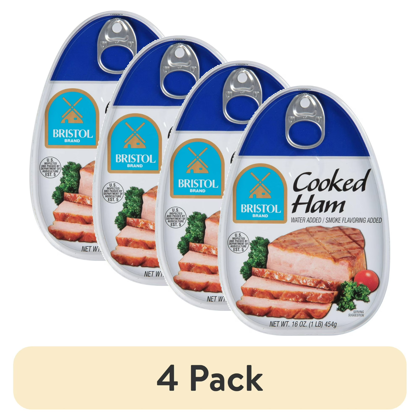 (4 Pack) Bristol Cooked Ham 16 oz Cans, Smoked Flavor High Protein Canned Meat