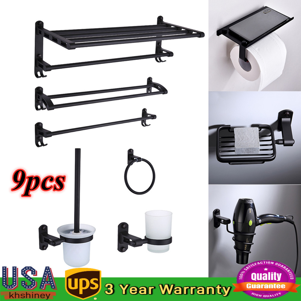 9PCS Bath Accessory Set Wall Mounted Bathroom Hardware Black Aluminum Towel Bar