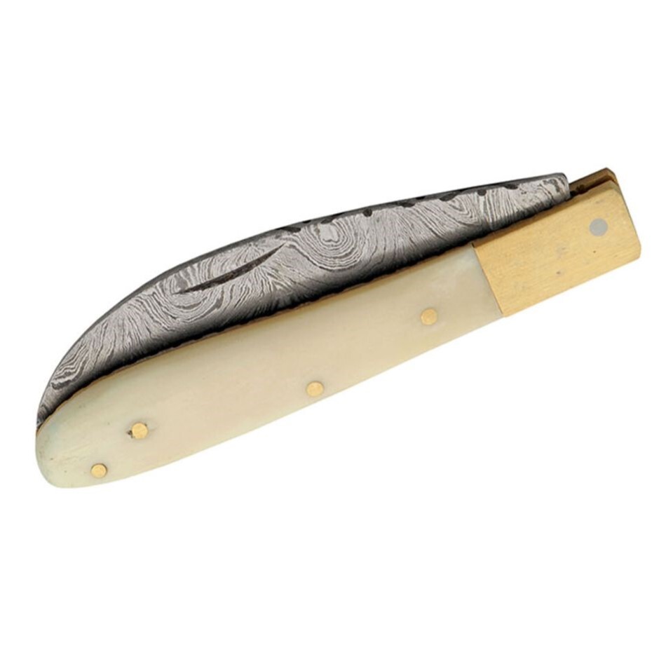 Pocket Knife Premium Damascus Steel Hawkbill Blade Bone/Brass Handle Folder