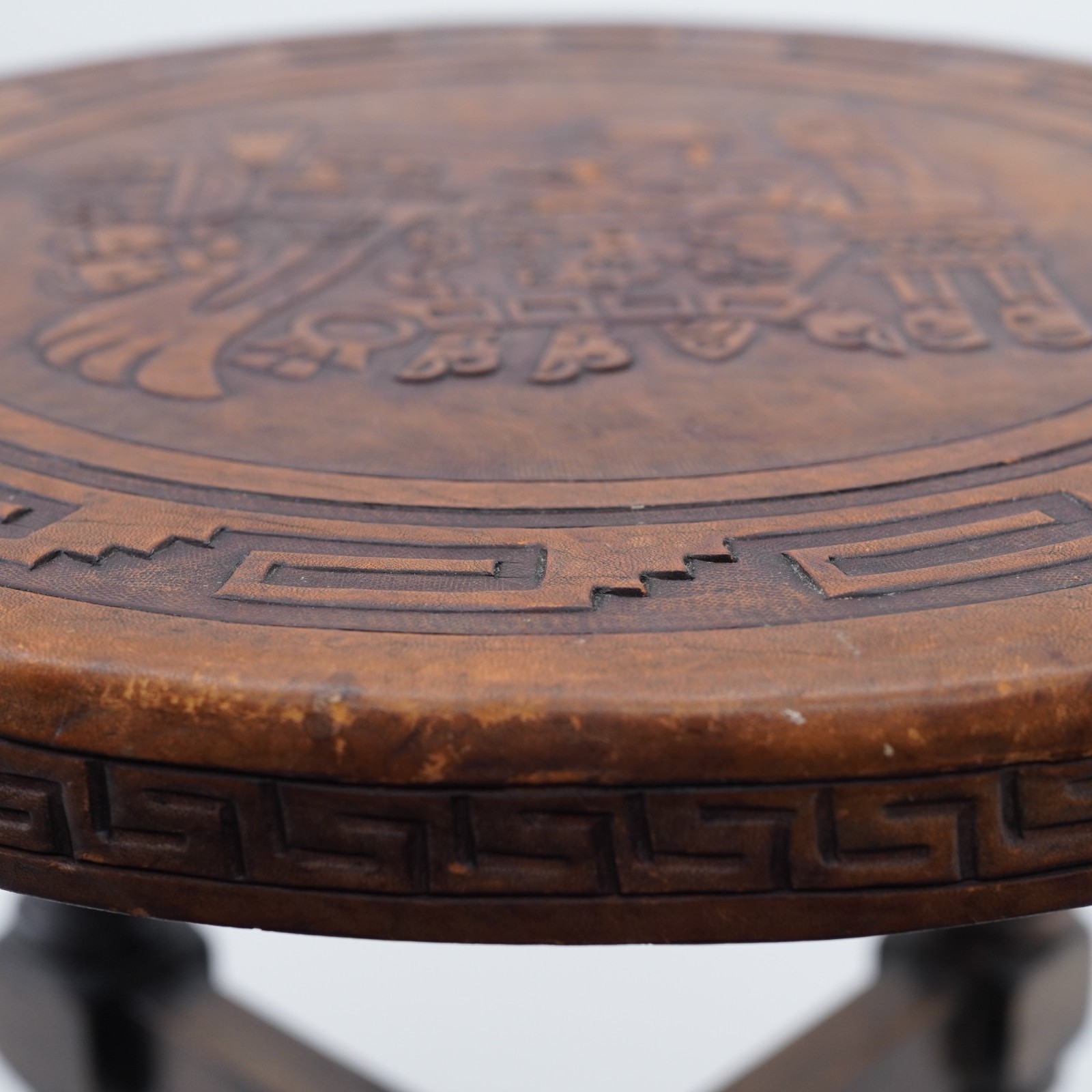 Hand Tooled Leather Top Wooden Stool Ottoman Ethnic Peru Mayan Aztec Warrior