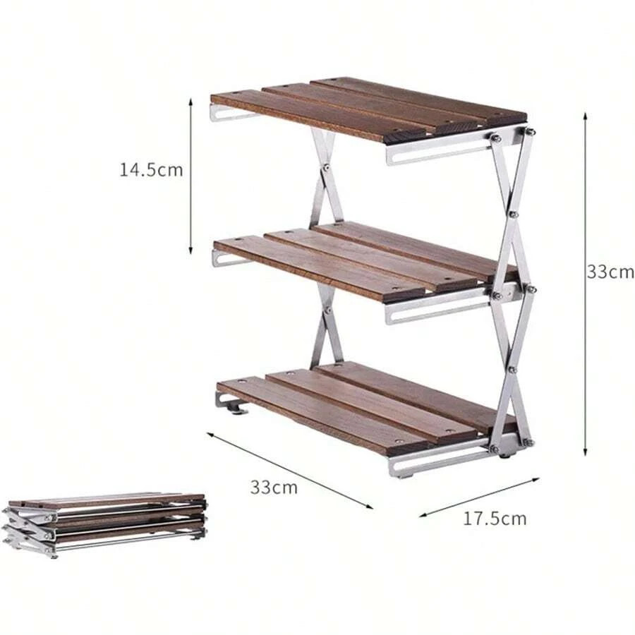 Camping Folding Storage Rack 3-Tier Natural Wood Desktop Organizing Rack