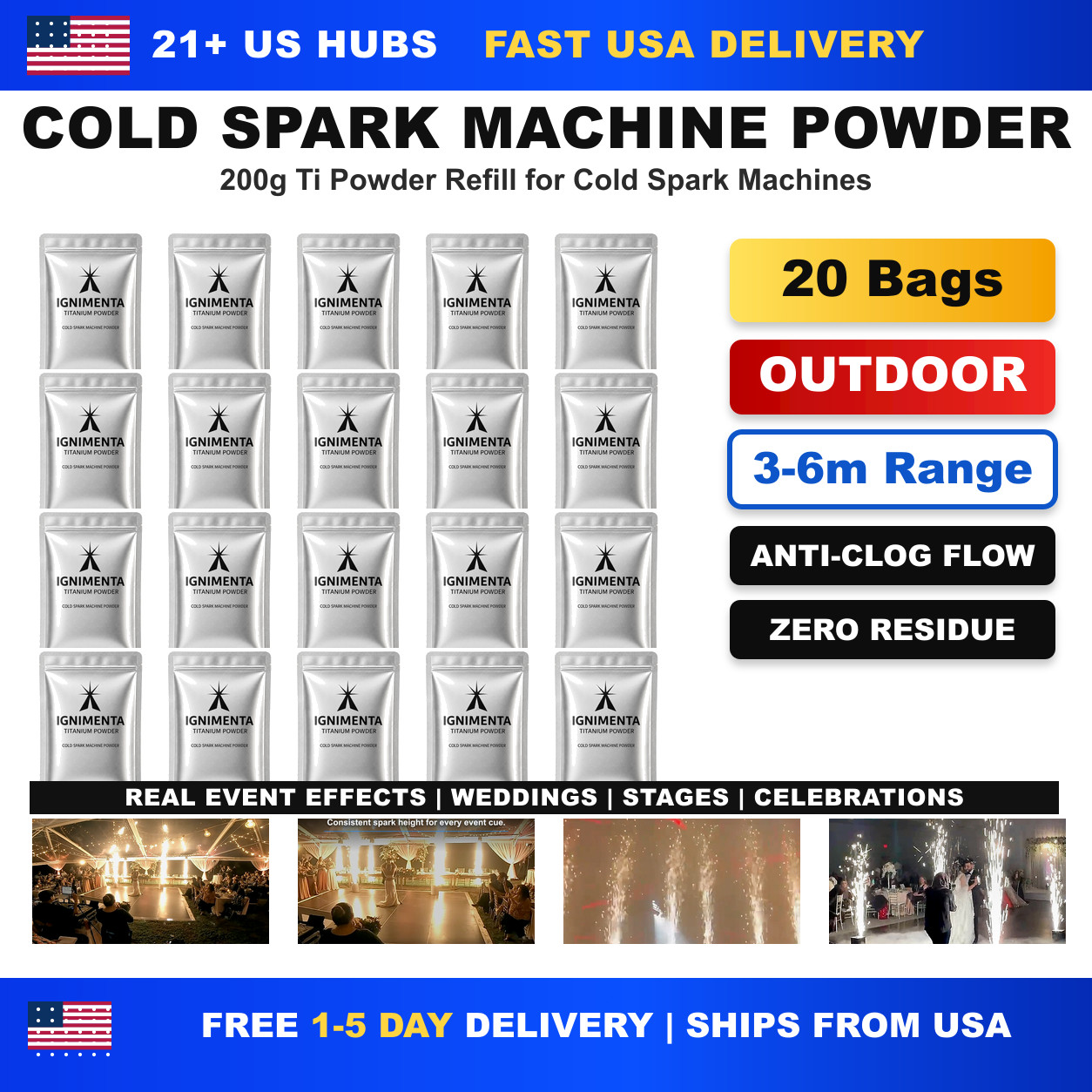 20 Bags Outdoor 3-6M Cold Spark Machine Ti Powder for Stage Effect(200g/Bag)