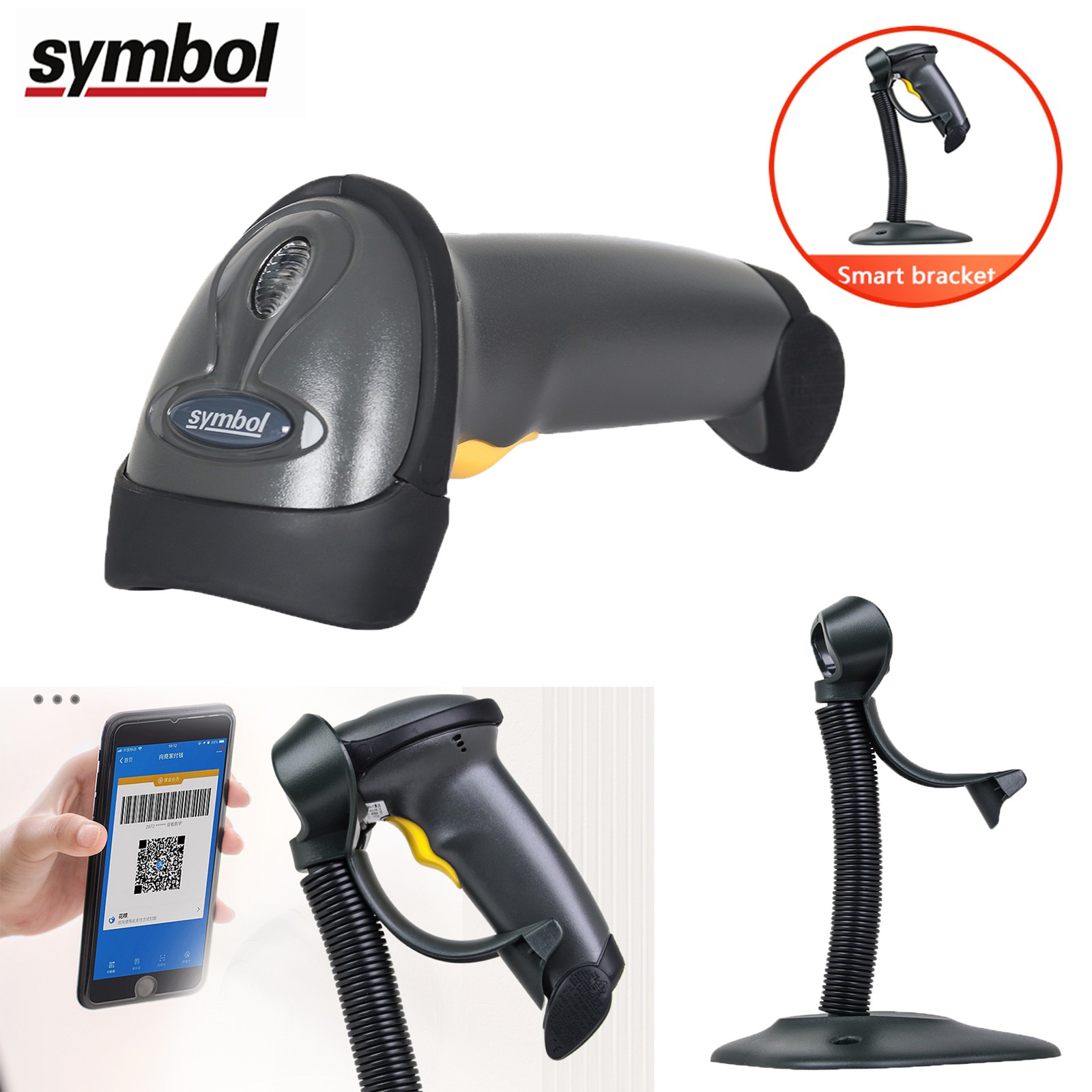 Zebra Symbol LS2208-SR20007R-NA 1D Barcode Scanner Reader w/ Stand+USB Cable