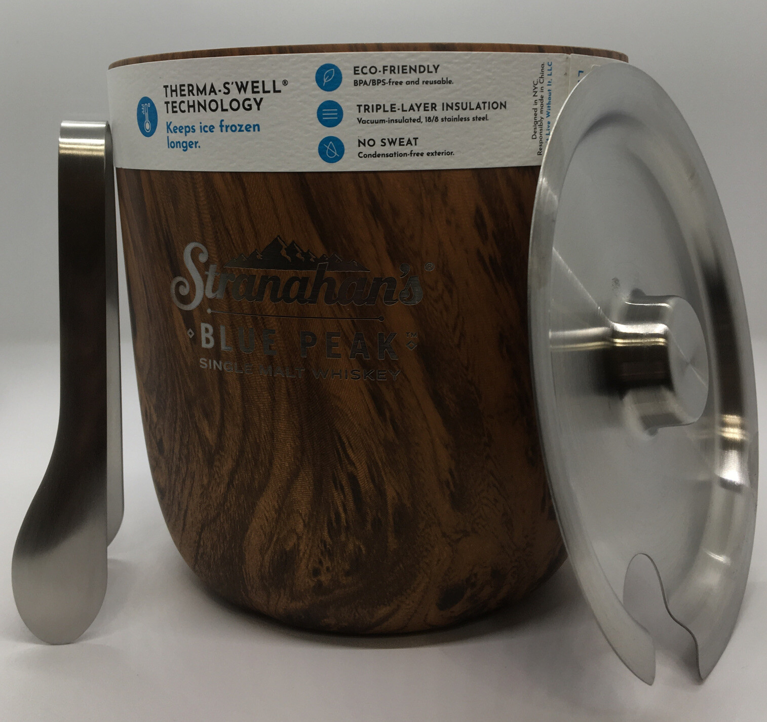 S'well Ice Bucket & Tongs Teakwood Insulated Stainless Steel 2L/67oz NEW