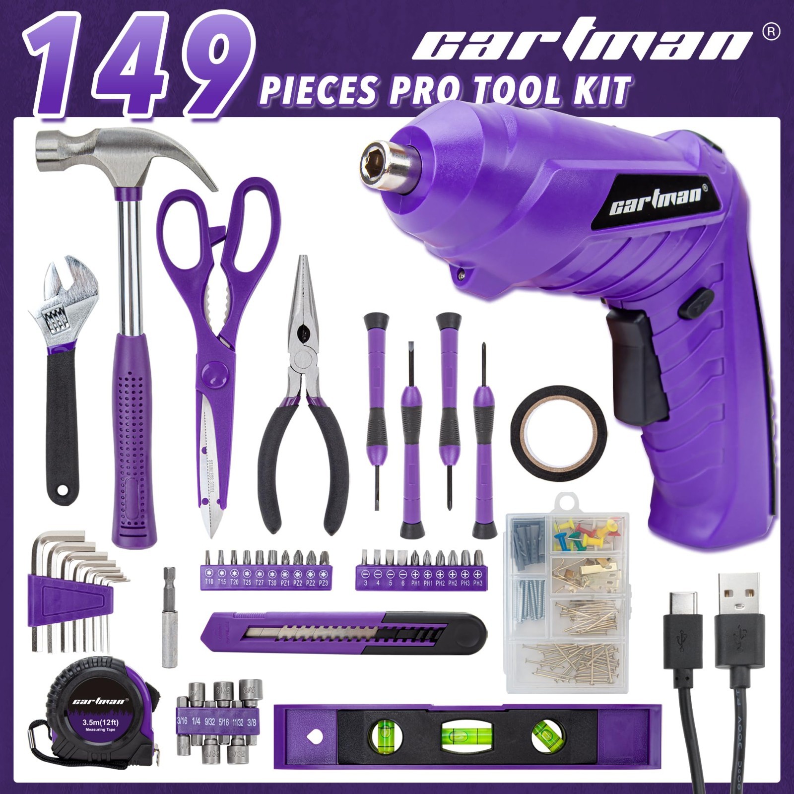 149-Piece Tool Set with Cordless Screwdriver - Essential Household Hand Tool Kit