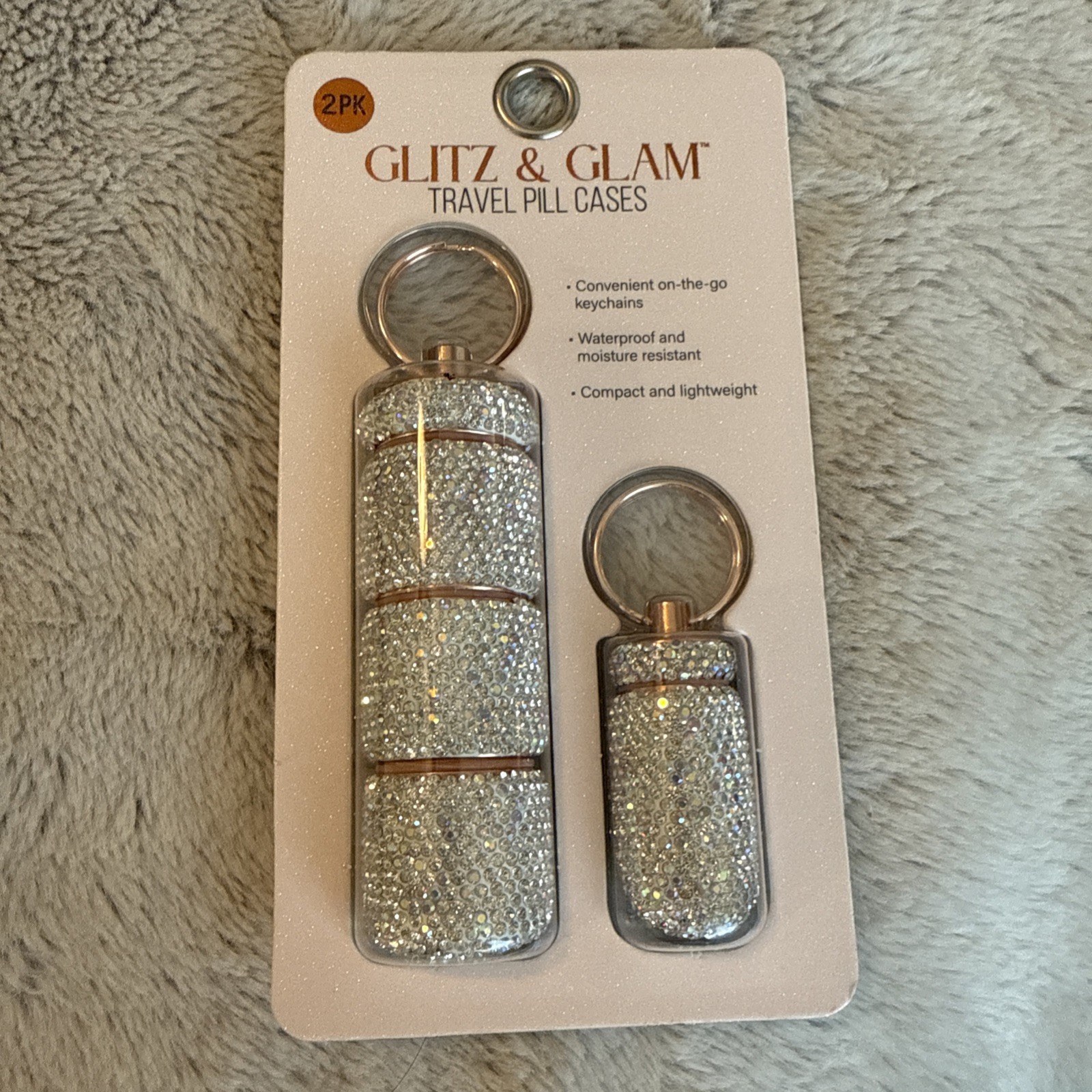 Glitz & Glam Travel Pill Cases Clear Rhinestone with Keychain Piece. NEW.