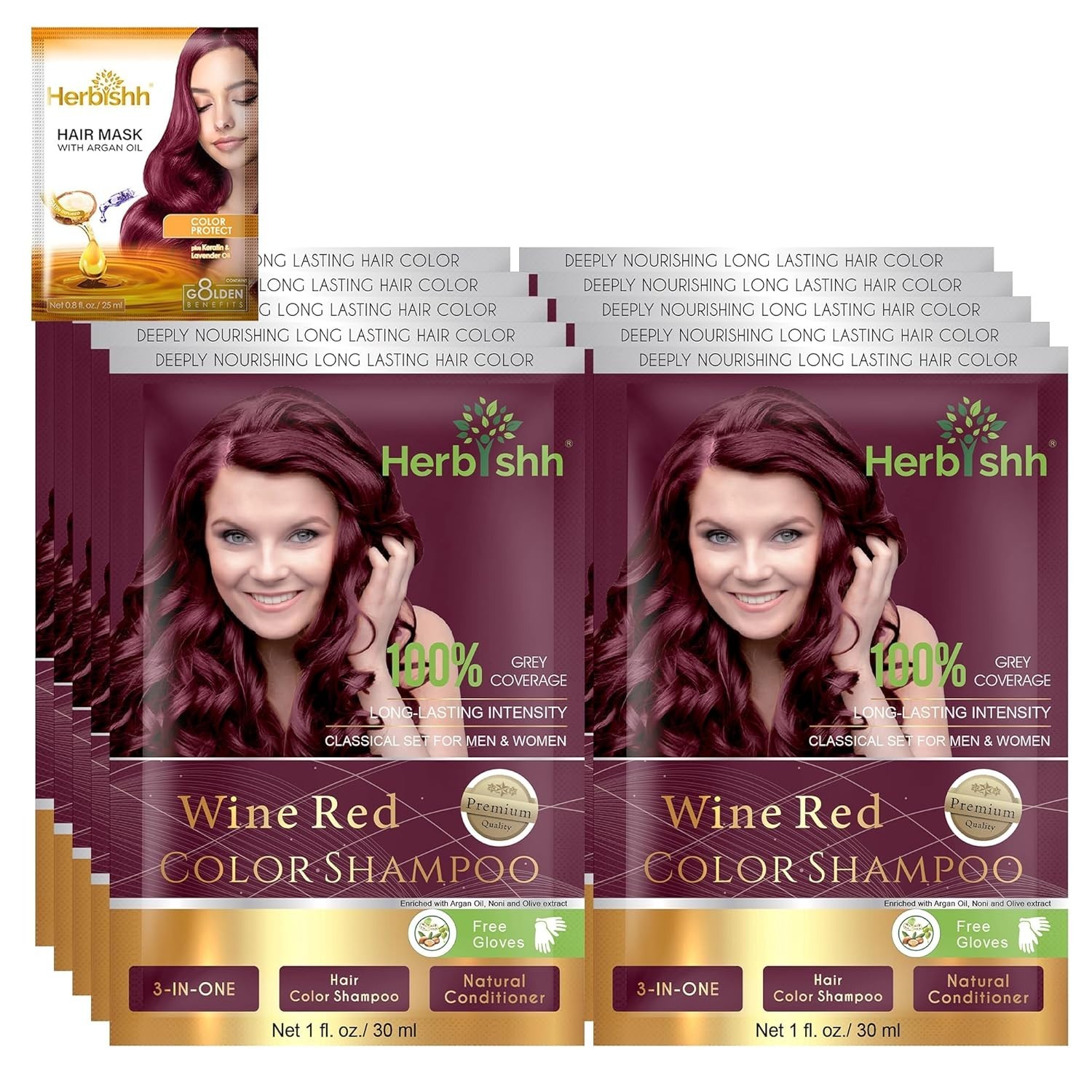 Herbishh Hair Color Shampoo Wine Red Ammonia Free Gray Coverage 10+1 Pack