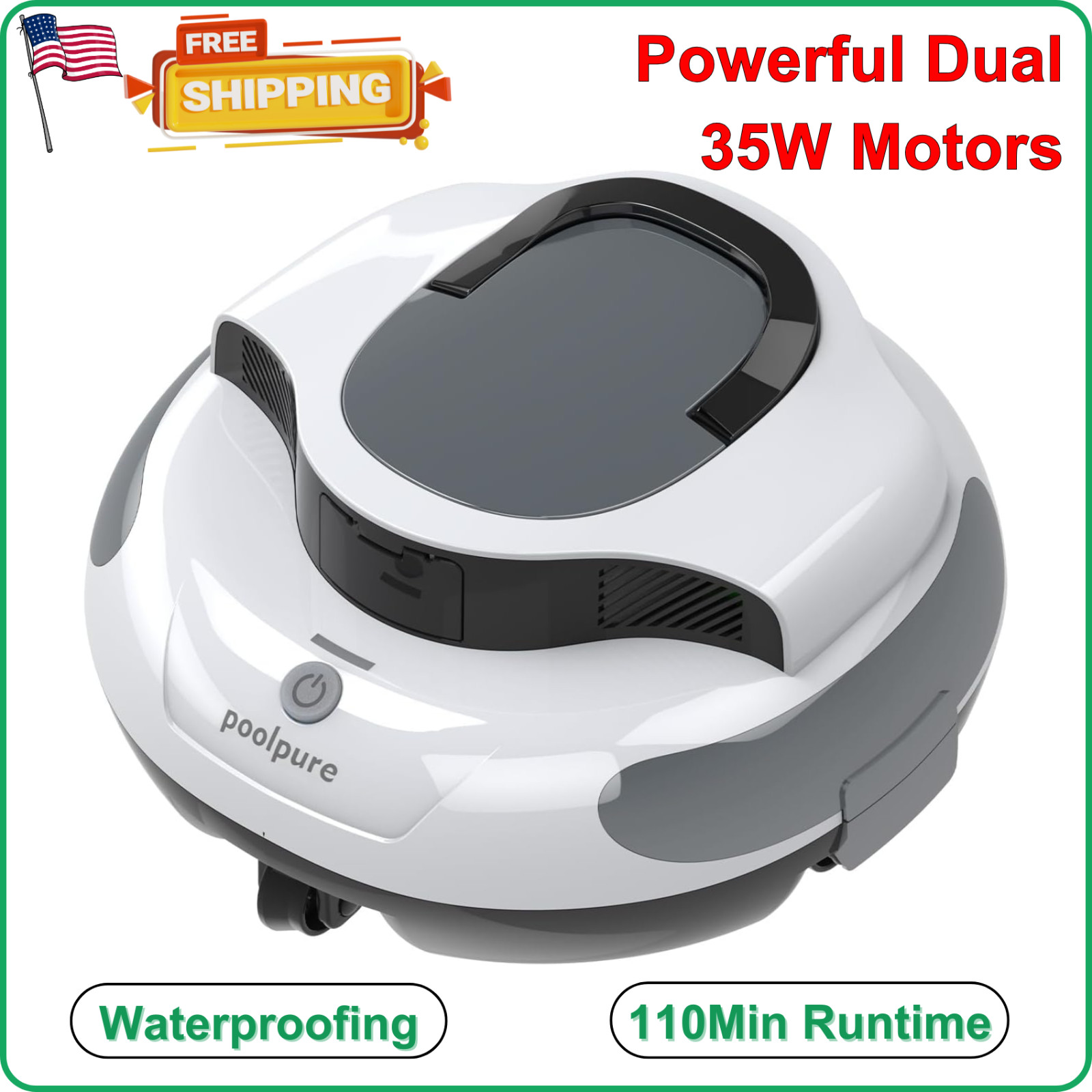 Cordless Robotic Pool Cleaner with Dual 35W Motors, 110Min Runtime, Waterproof