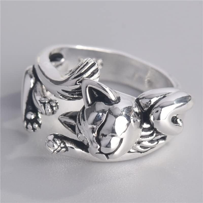 Stretching Cat Cute Ring, Silver Animal, Pet Lover Ring Adjustable Size