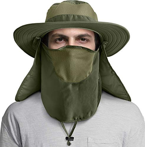UPF 50+ Sun Protection Cap Wide Brim Fishing Hat with Face One Size Army Green