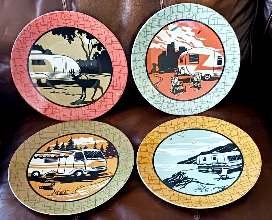 SET: 4 RETRO VINTAGE "CASUAL CAMPER" MELAMINE PLATES W/TRAILERS/RV'S /DEER ETC.