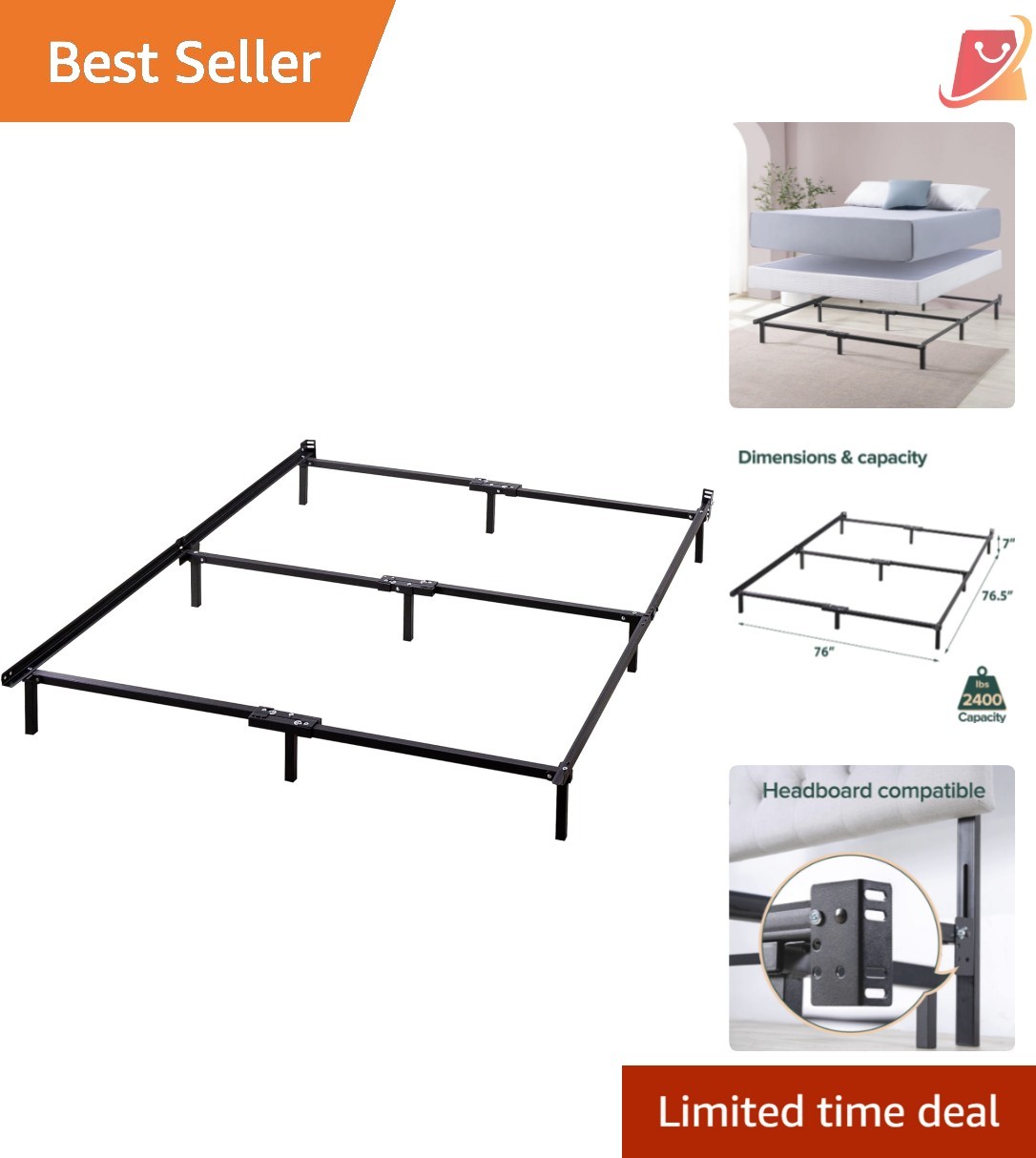 Metal Bed Frame King Support Steel Recessed Legs Durable Easy Assembly