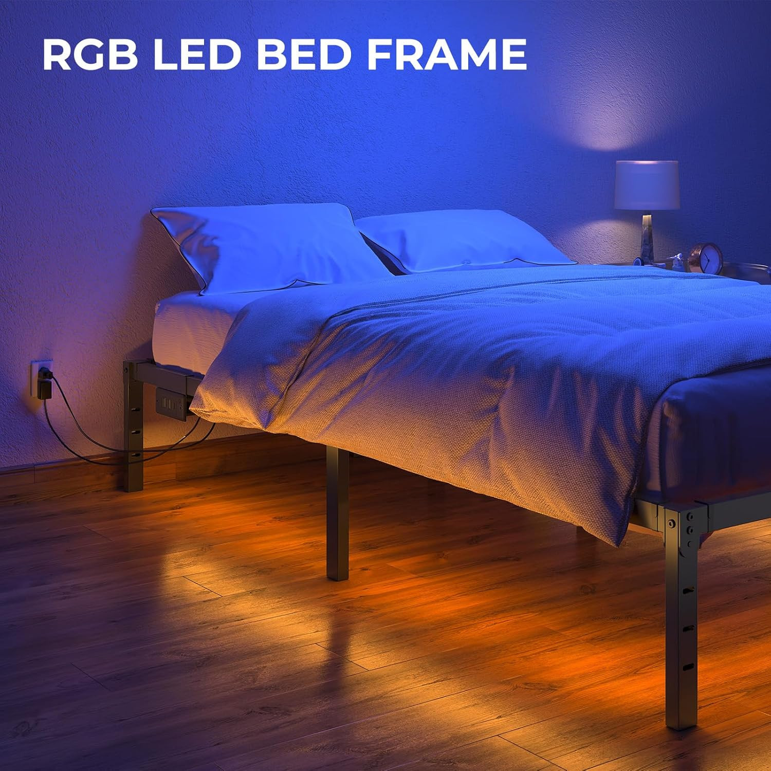 Bed Frame with USB Charging Station, Twin Bed Frame with LED Lights, Platform Be