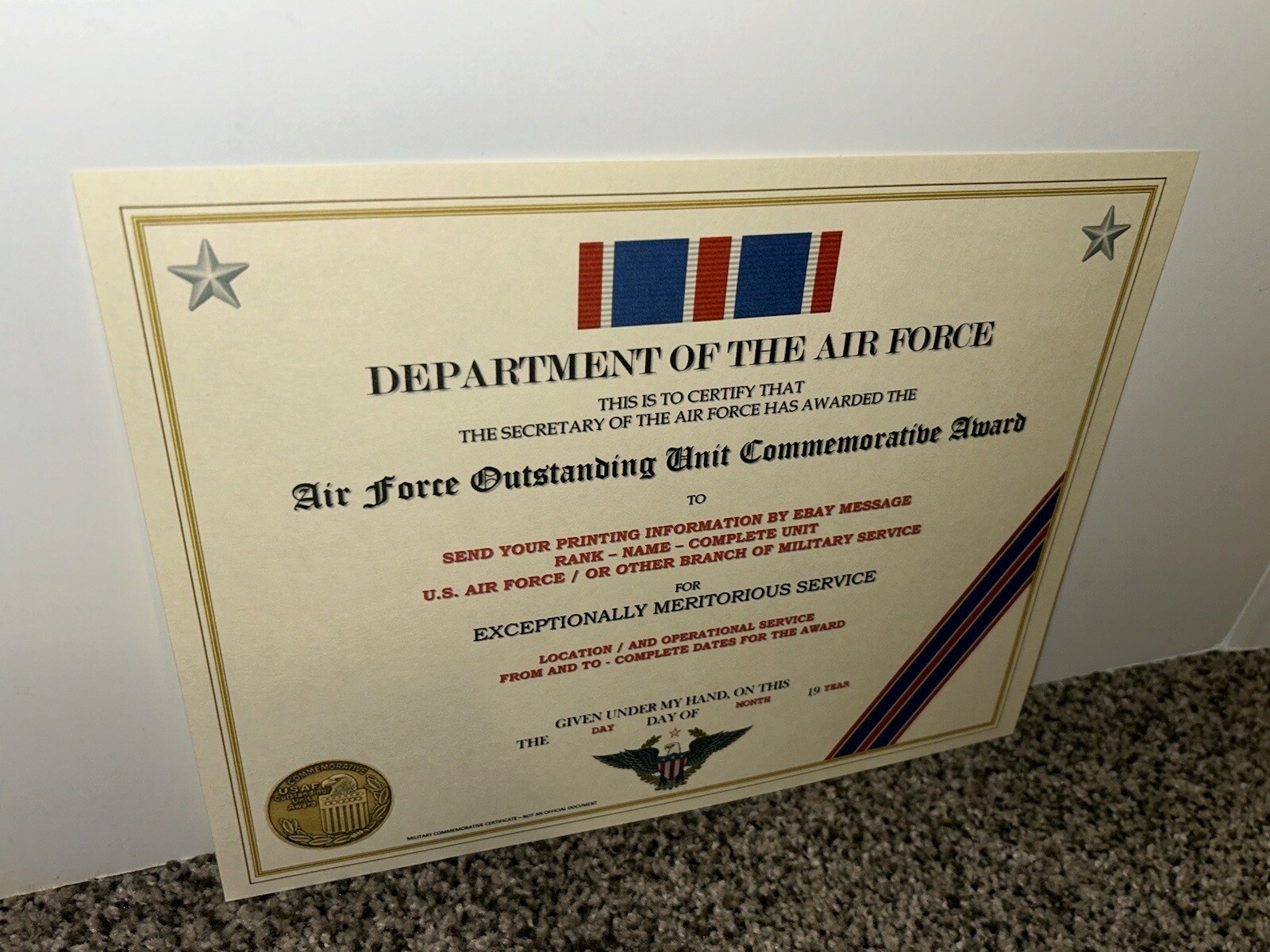 AIR FORCE OUTSTANDING UNIT COMMEMORATIVE AWARD CERTIFICATE~W/PRINTING T-1