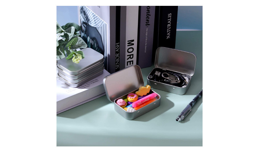 40 Piece Metal Rectangular Empty Hinged Tin Box Containers Mini Portable Silver