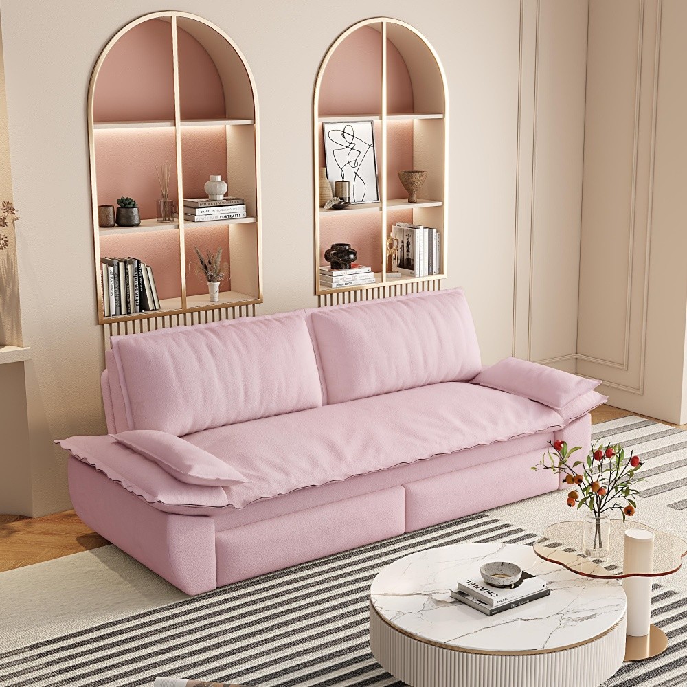 73in Roll Out Velvet Sleeper Sofa Bed w/ Queen Mattress, Multi-Functional 3-in-1