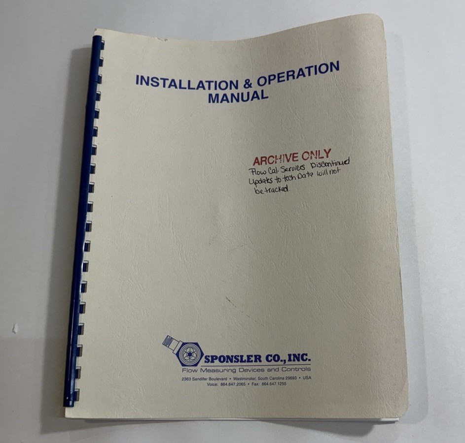 Sponsler Flow Measuring SP1/2 Turbine Flow meter User Manual Guide Installation