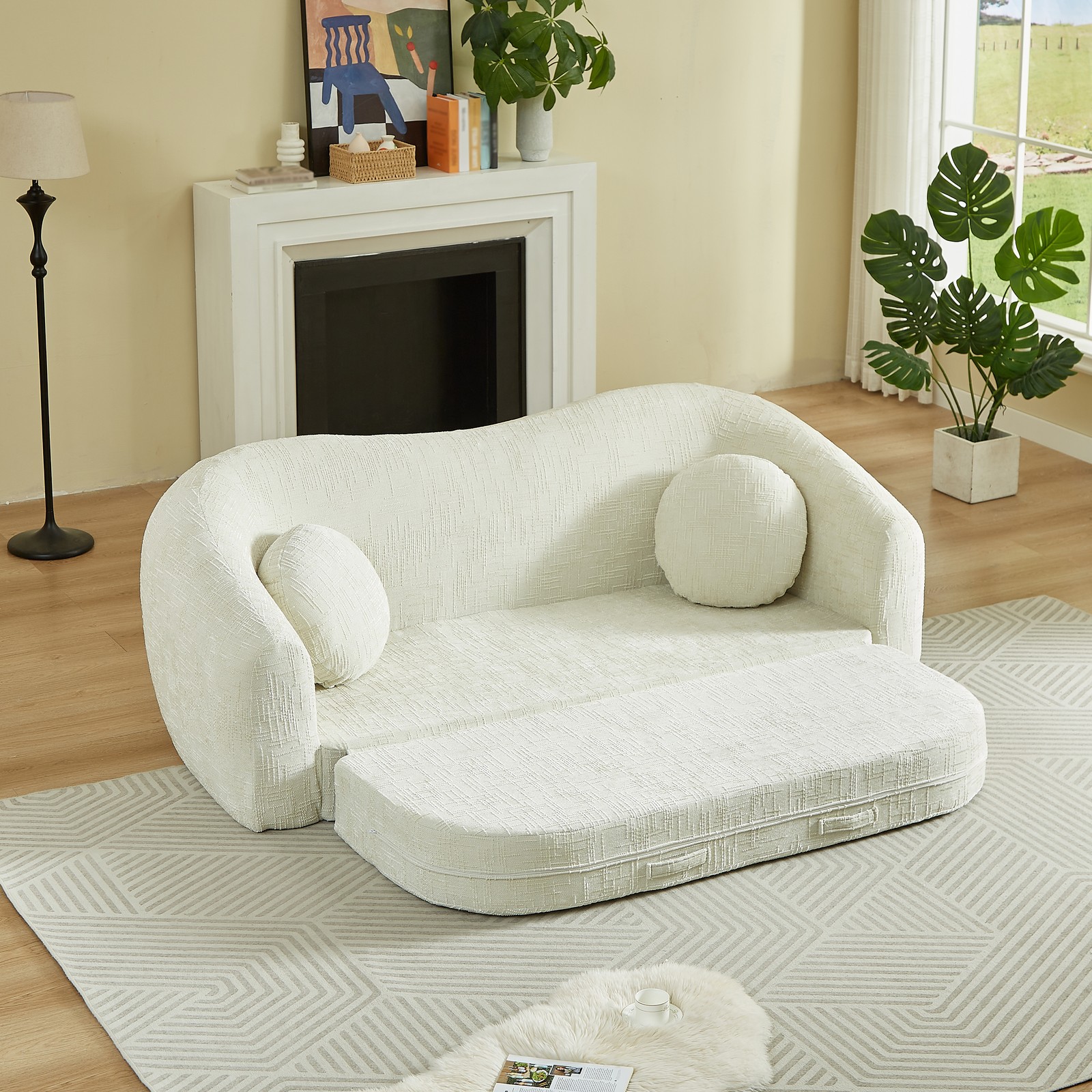 Curved Convertible Sofa Bed 2-in-1 Recliner, Chenille Foldable No Assembly Beige