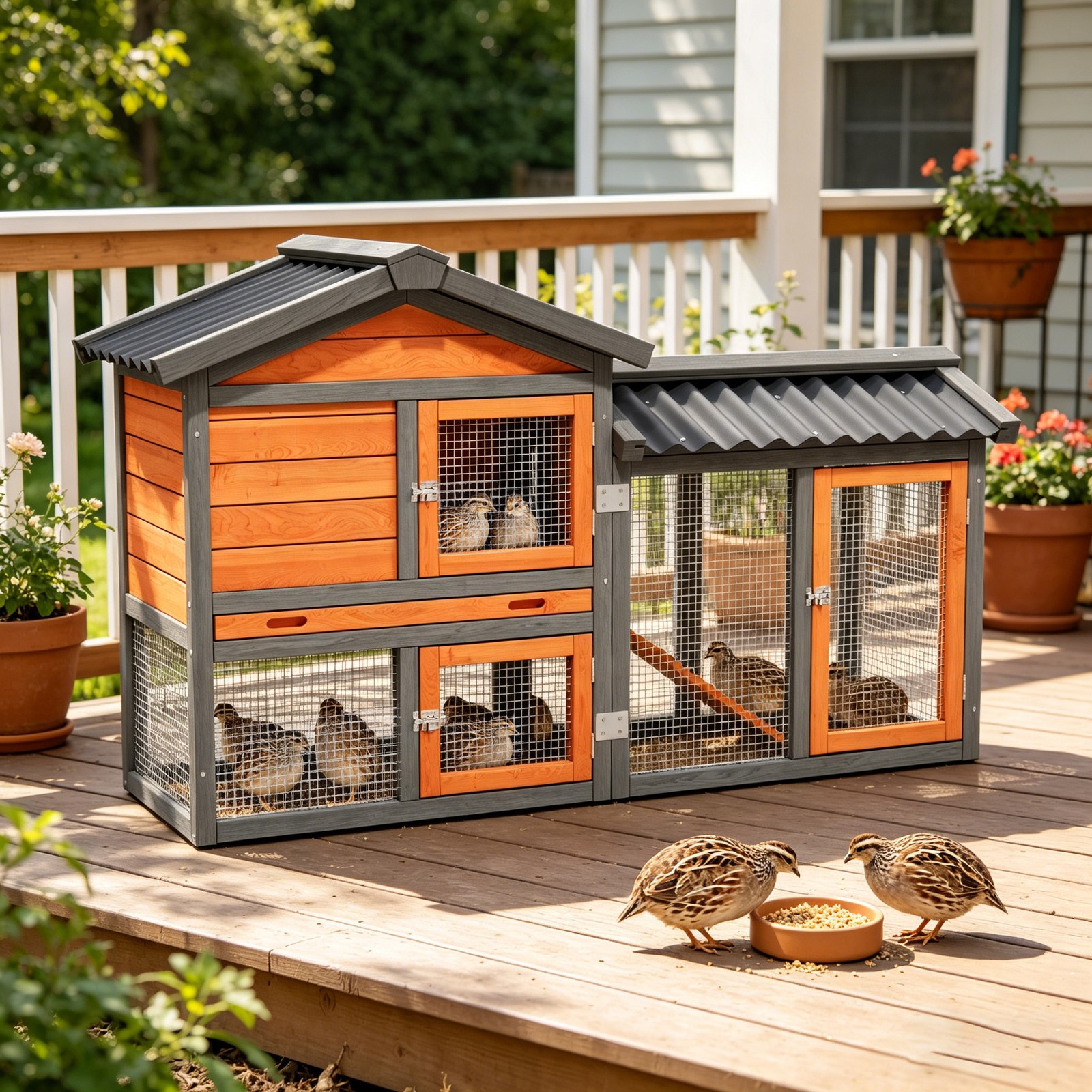 Outdoor 2 Tier Quail Cage with Weatherproof Brooder Box and Tray for 6 Quail