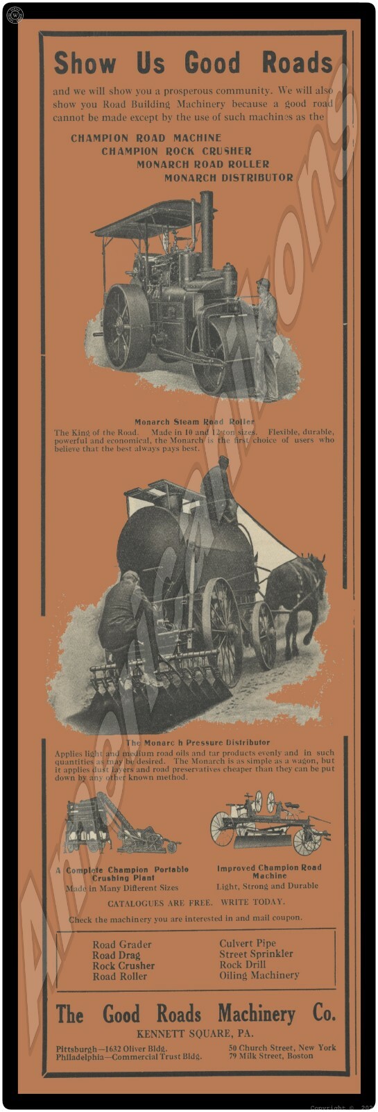 1914 Good Roads Machinery Co New Metal Sign: 6 x 18" - Kennett Square PA MONARCH