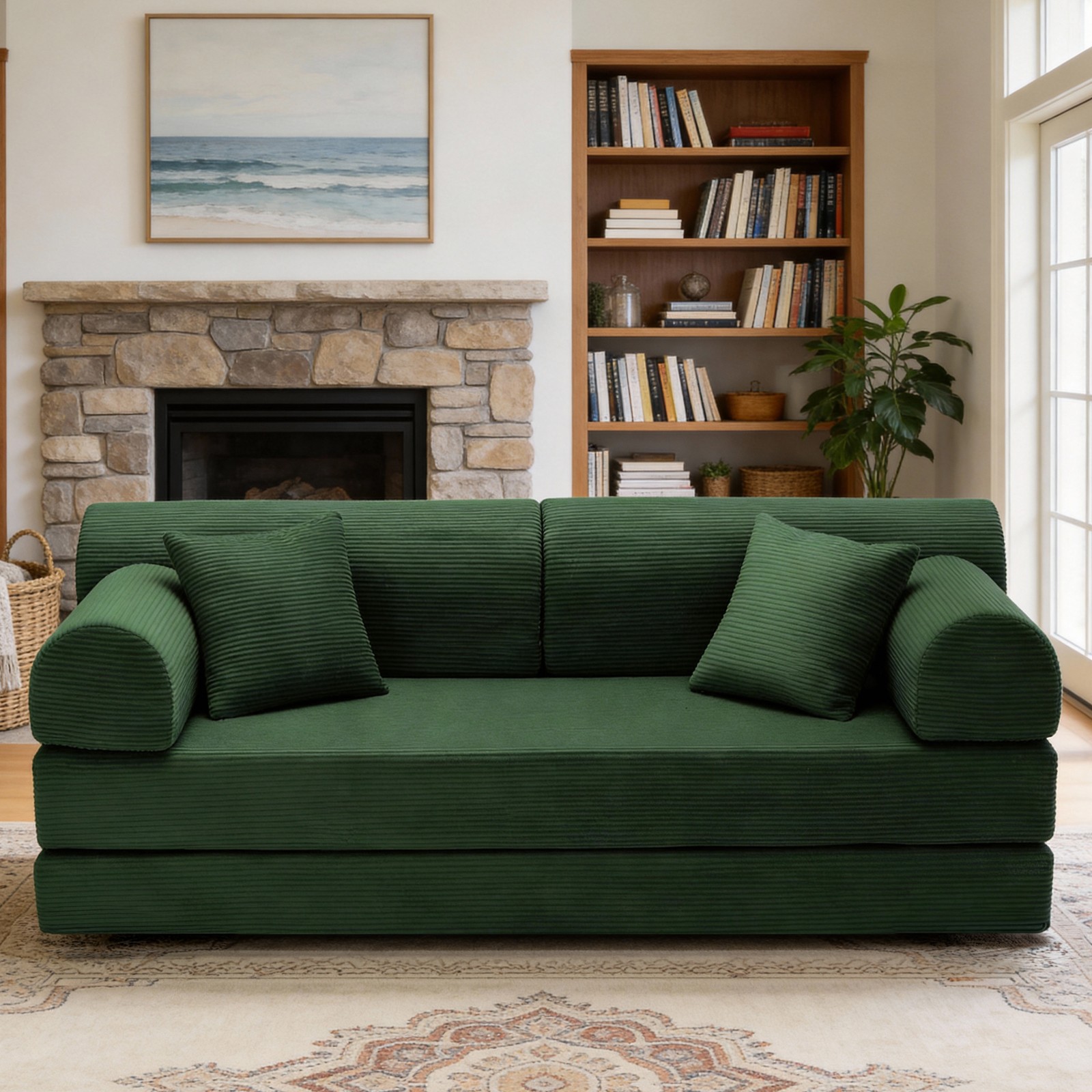 Convertible Sleeper Sofa Bed, Corduroy Folding Couch, Dark Green
