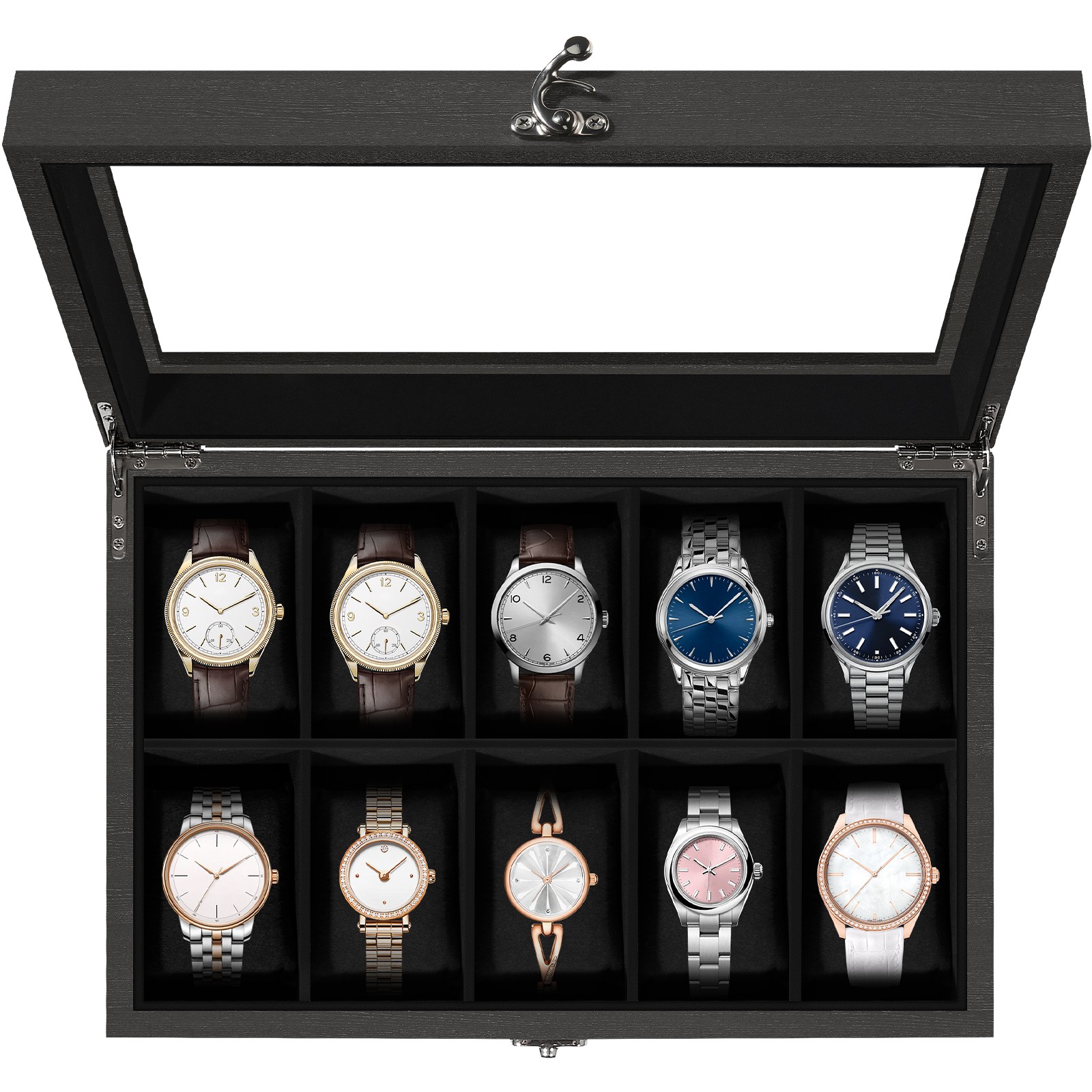 10-Slot Solid Wood Watch Box Organizer With Glass Lid Jewelry Display