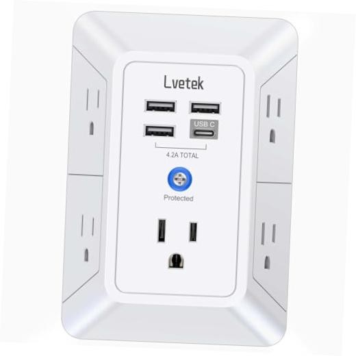 5 Outlet Extender Multi Plug Wall Outlets with 4 USB Charging Ports 3U1C White