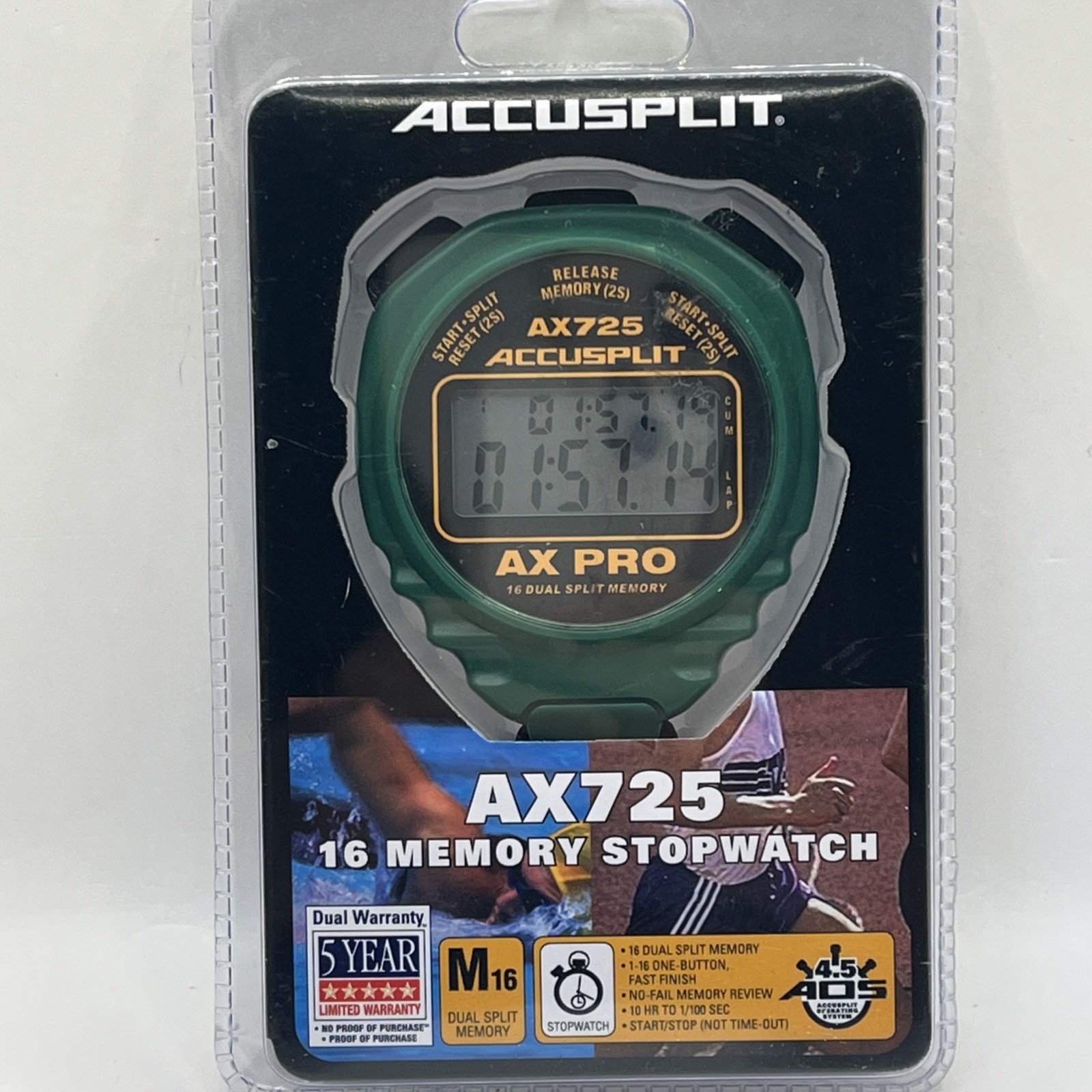Accusplit AX725 Pro 16 Memory Dual Split Stopwatch Black 2.25" New in Sealed Box