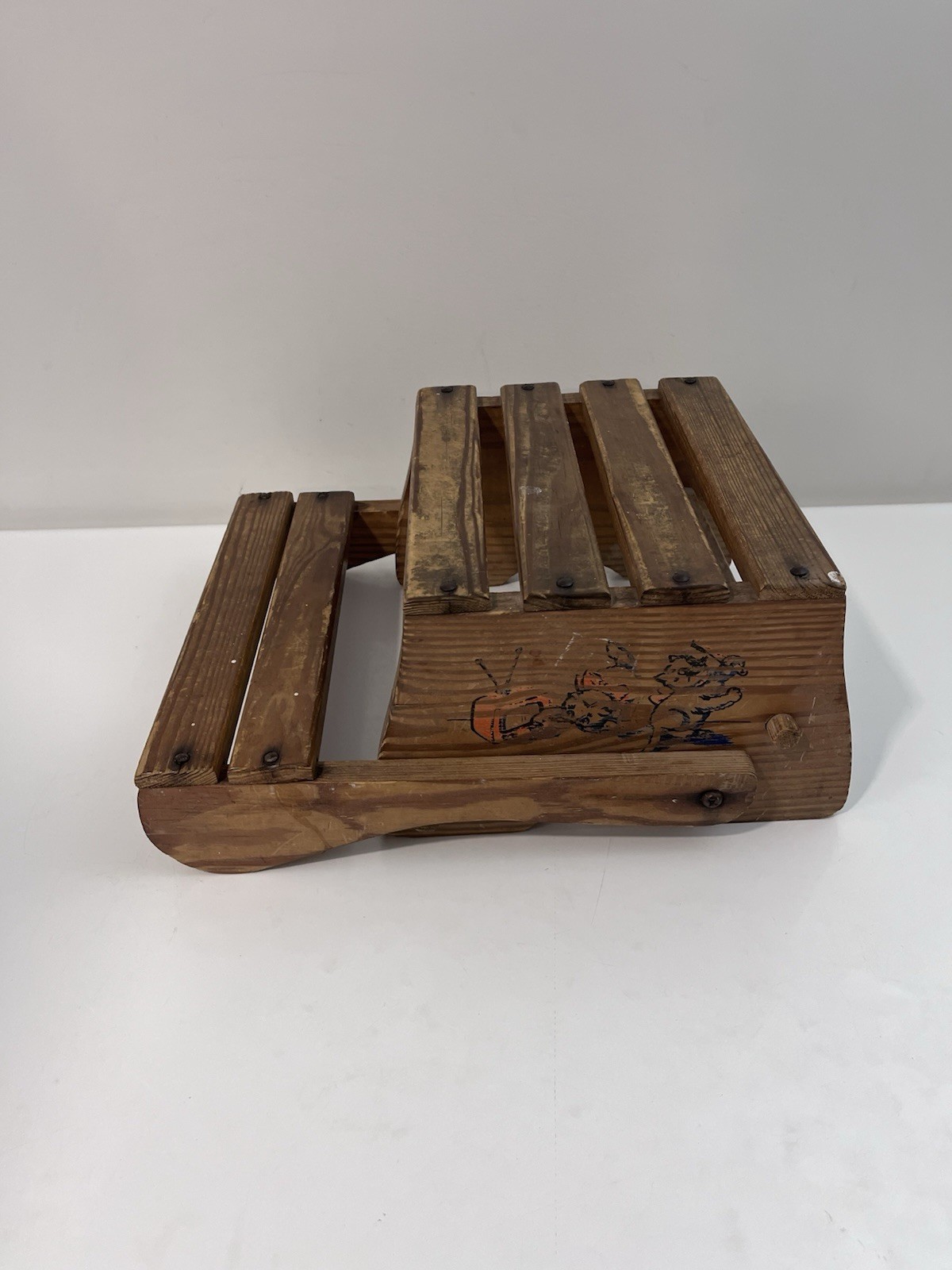 VINTAGE Children Chair Step Stool Seat Foldable Folding Wooden