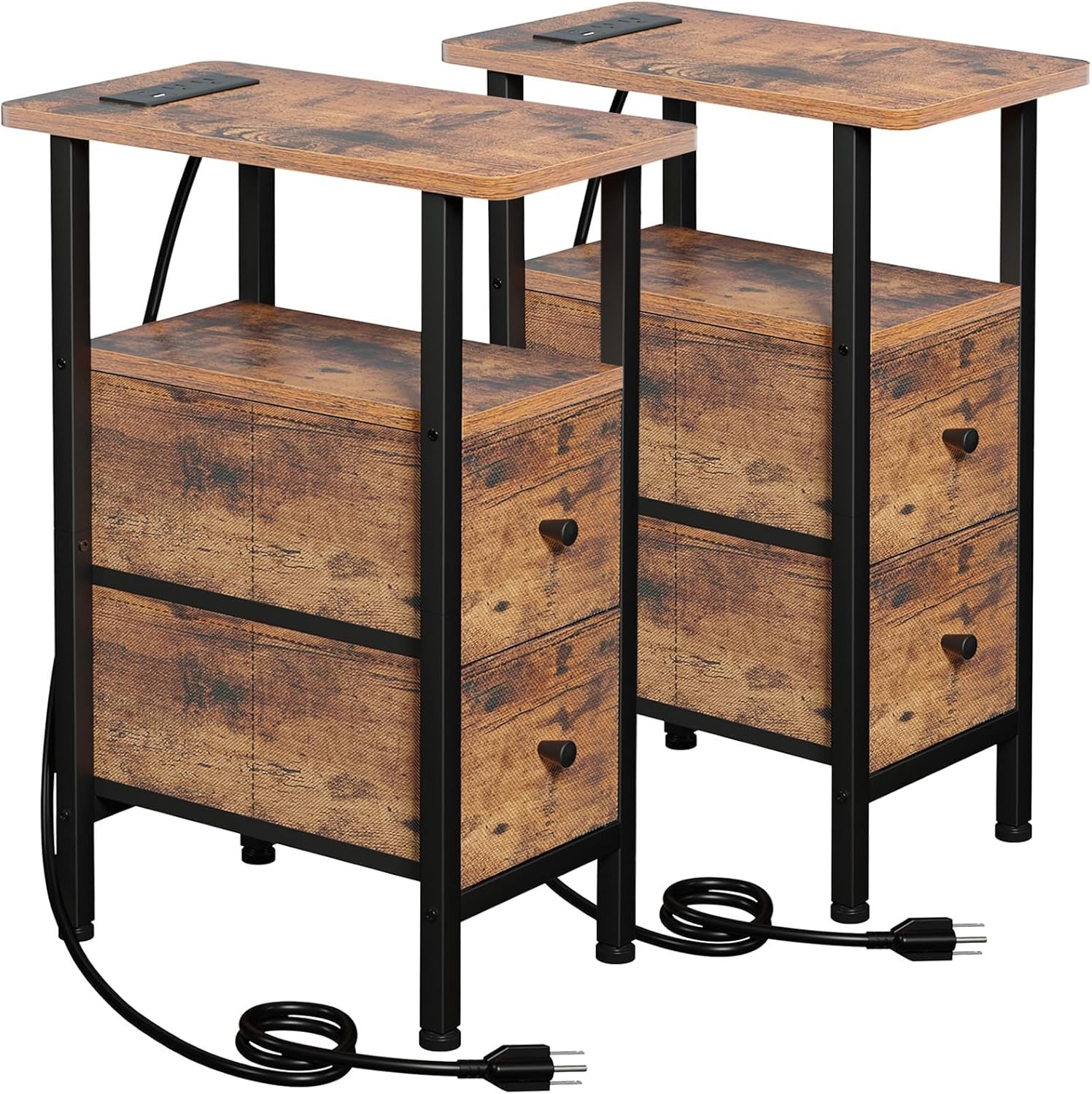 Narrow Nightstand W/ Charging Station End Tables Living Room Set of 2 Skinny