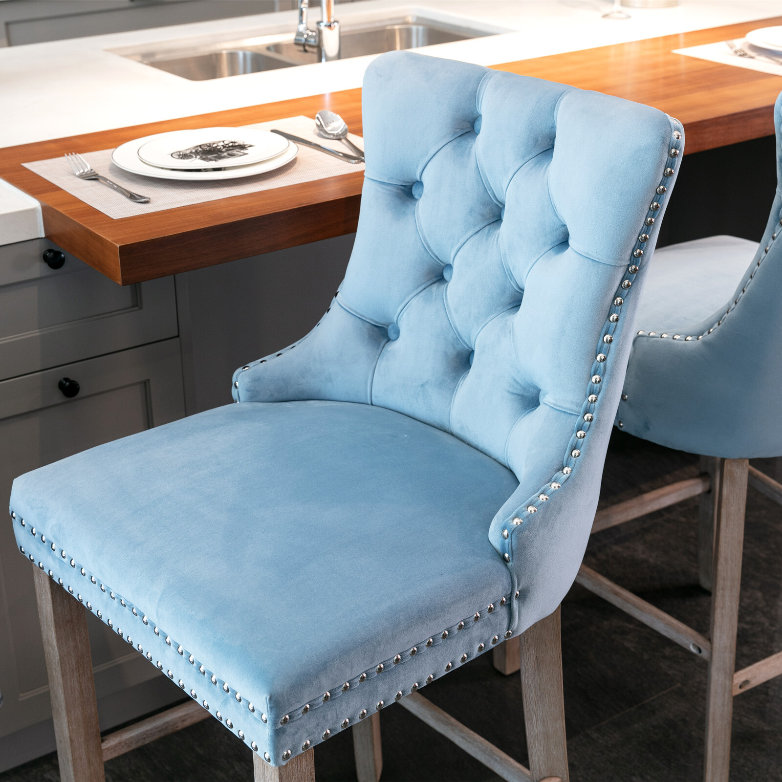 2 Set Velvet Barstools Kitchen Counter Pub Bar Stools Chairs Button Tufted Blue
