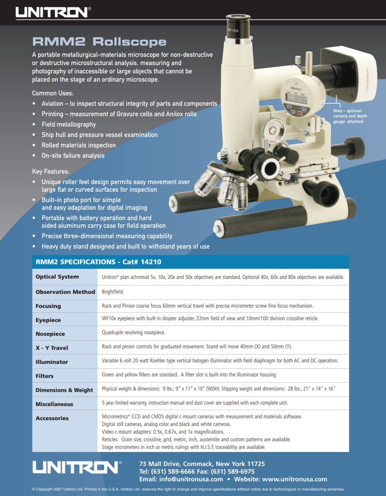 Unitron RM2-1192 Rollscope Roll Scope Metallurgical Microscope w/ wooden case
