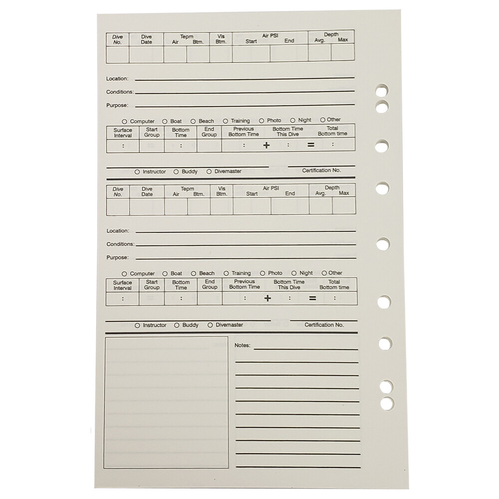 Scuba Diving Log Book Log Pages Refill, 25 Dive Log Refill Pages