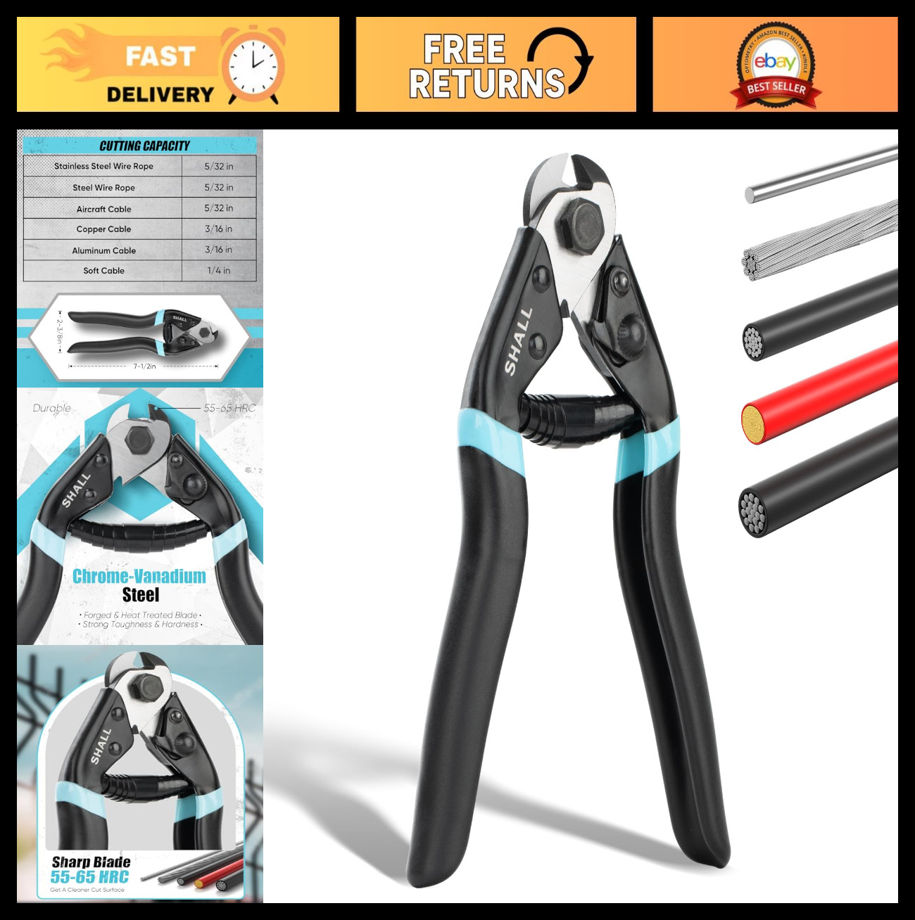 Heavy Duty Wire Rope Cutter 7.5" - Cuts Up to 5/32" Steel, Chrome Vanadium, Idea