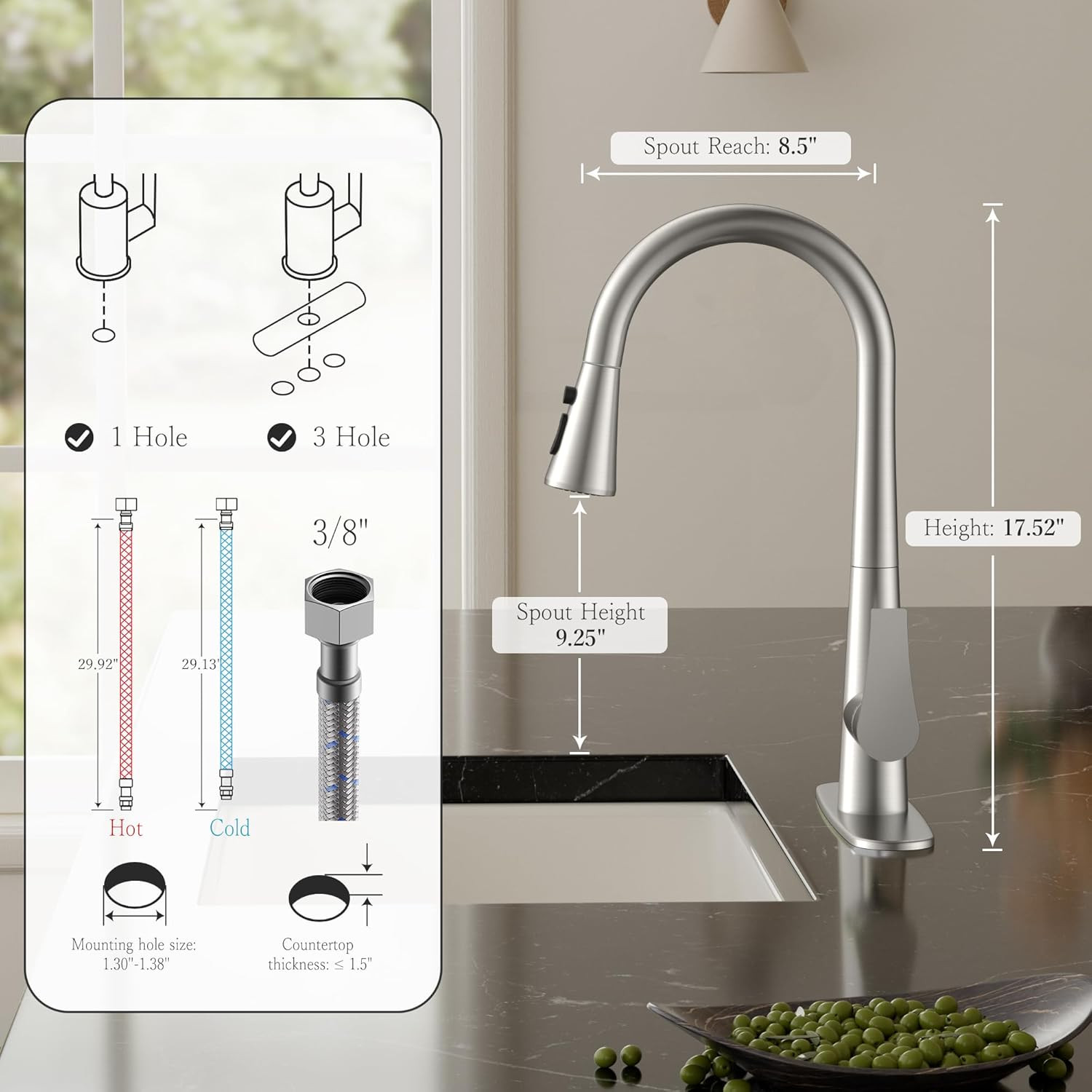 Brushed Nickel High Arc Kitchen Faucet with 3-Mode Pull Down Sprayer