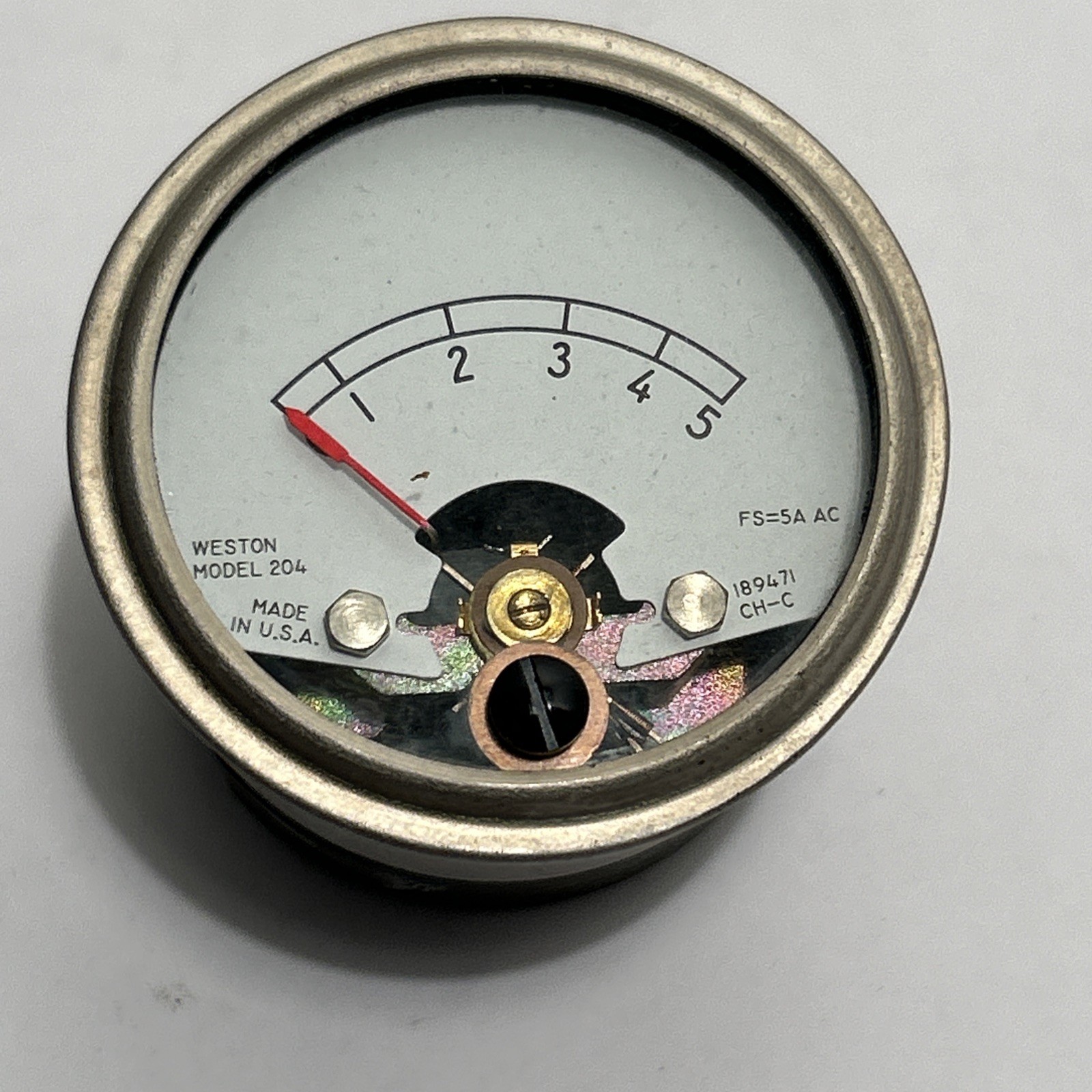 Vintage Weston Model 204 0-5 Amperes AC Round Panel Meter NOS