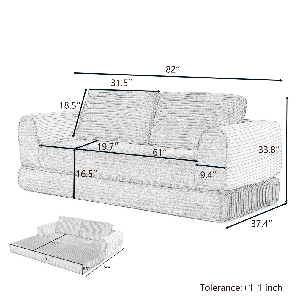 Modern Black Corduroy Convertible Sofa Bed w/ Pillows, 2-in-1 Sleeper Futon