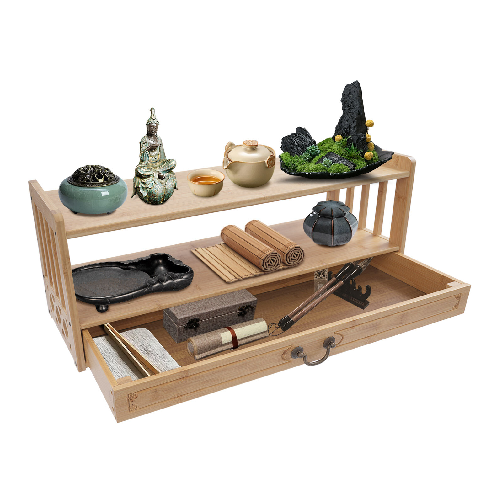 Freestanding Desktop Organizer Altar Table with Drawer Meditation Storage Table